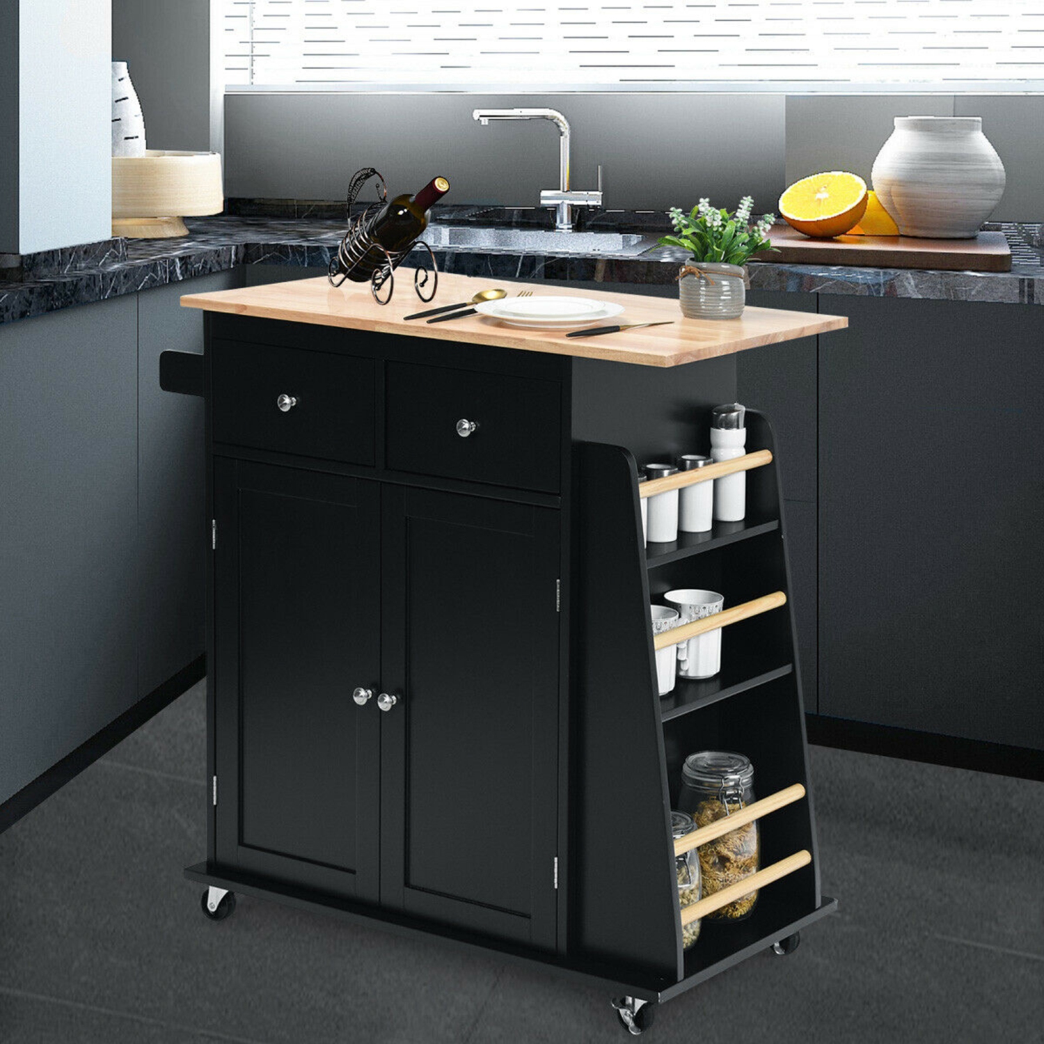 Gymax Rolling Kitchen Island Utility Trolley Cabinet Storage Spice Towel Rack Black