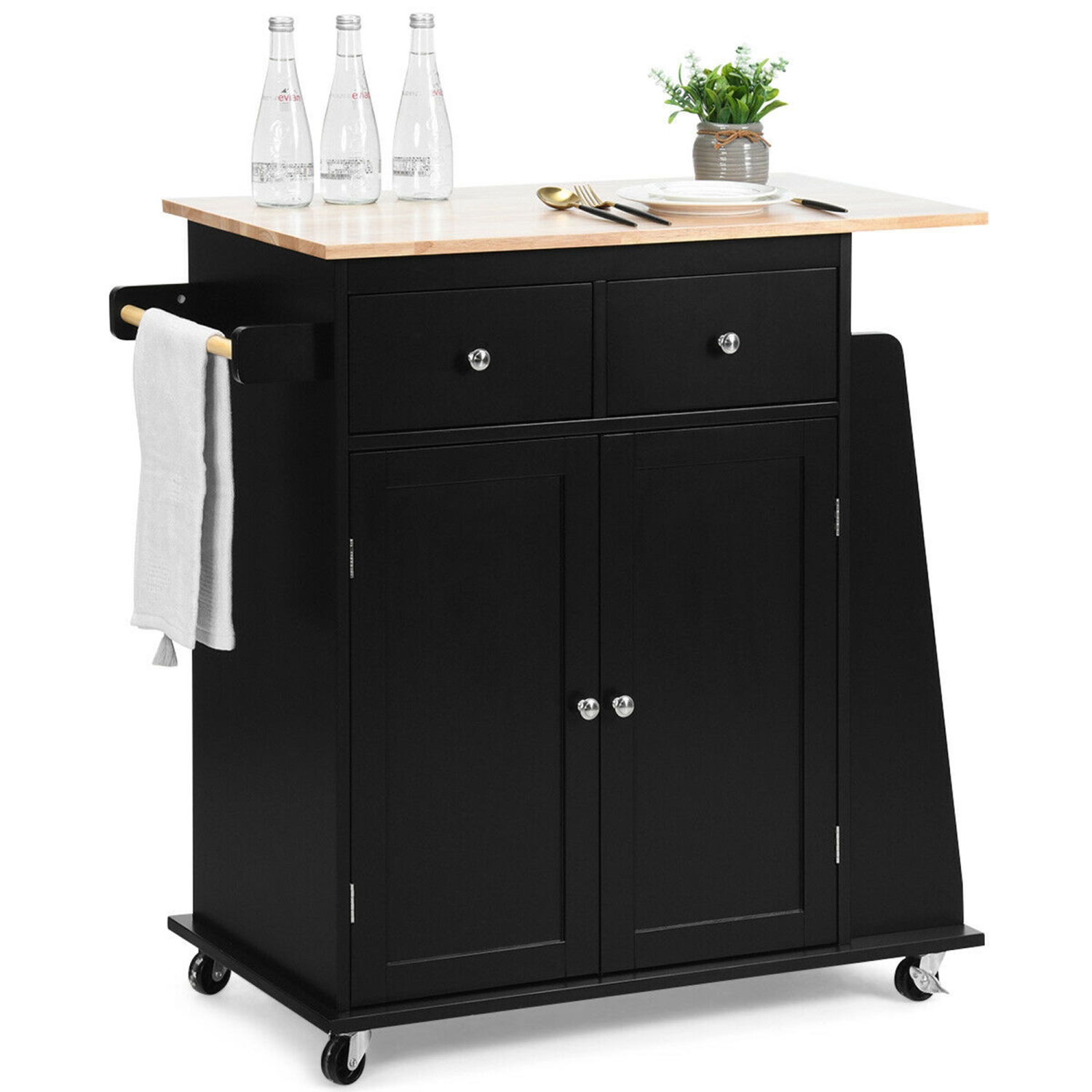 Gymax Rolling Kitchen Island Utility Trolley Cabinet Storage Spice Towel Rack Black