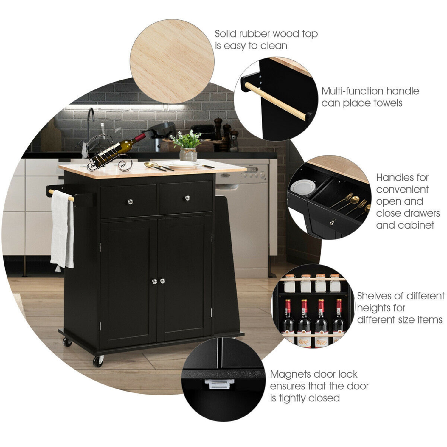Gymax Rolling Kitchen Island Utility Trolley Cabinet Storage Spice Towel Rack Black