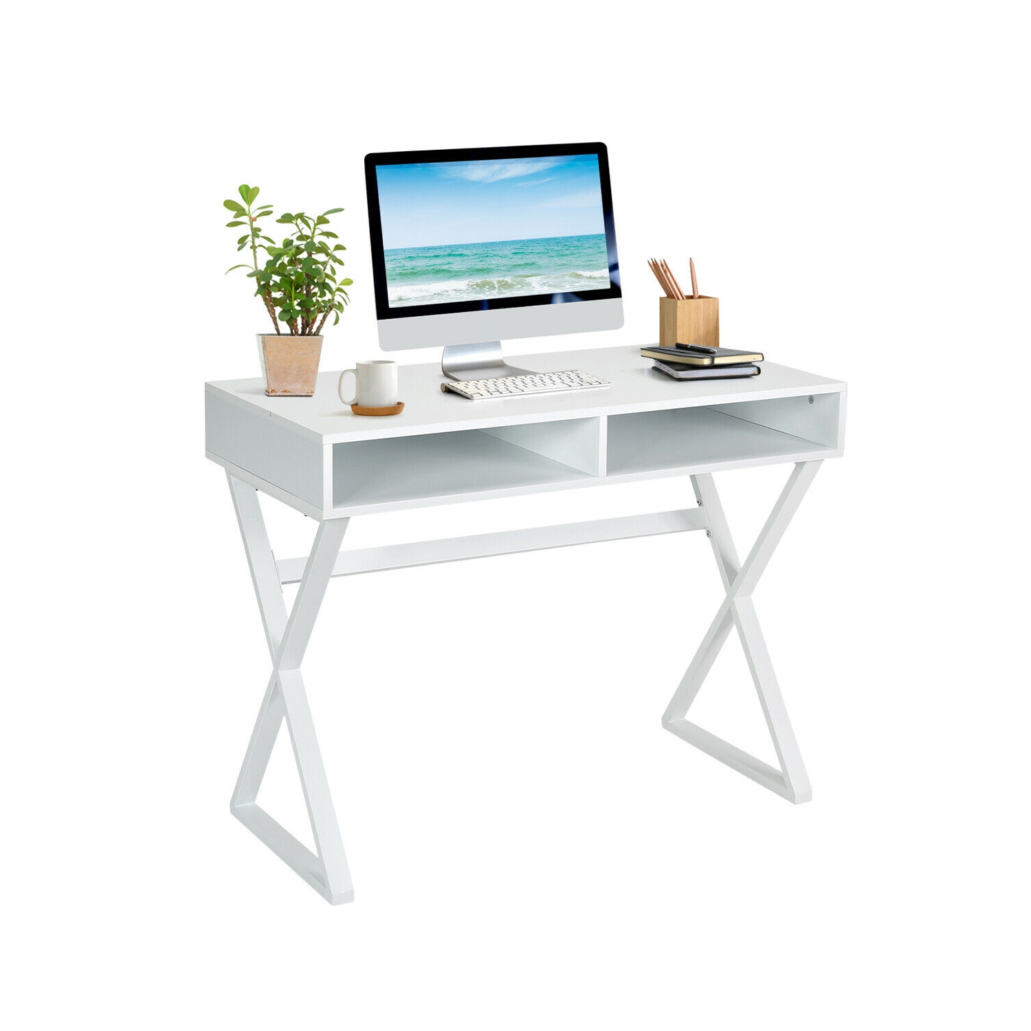 Gymax Modern Computer Desk Writing Desk Makeup Vanity Table Storage