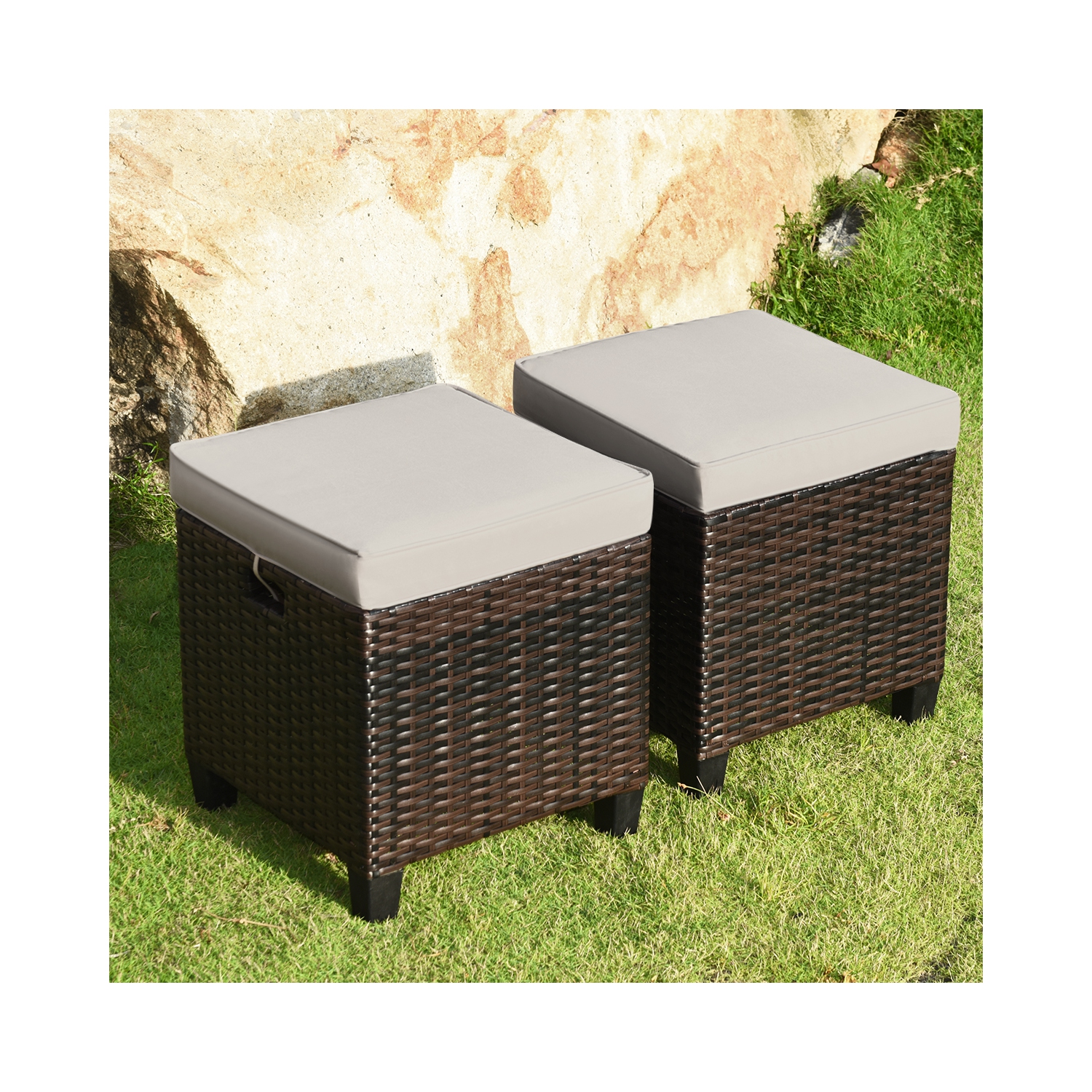 Lot de 2 repose-pieds en rotin Patio pouf extérieur avec coussin marque Gymax