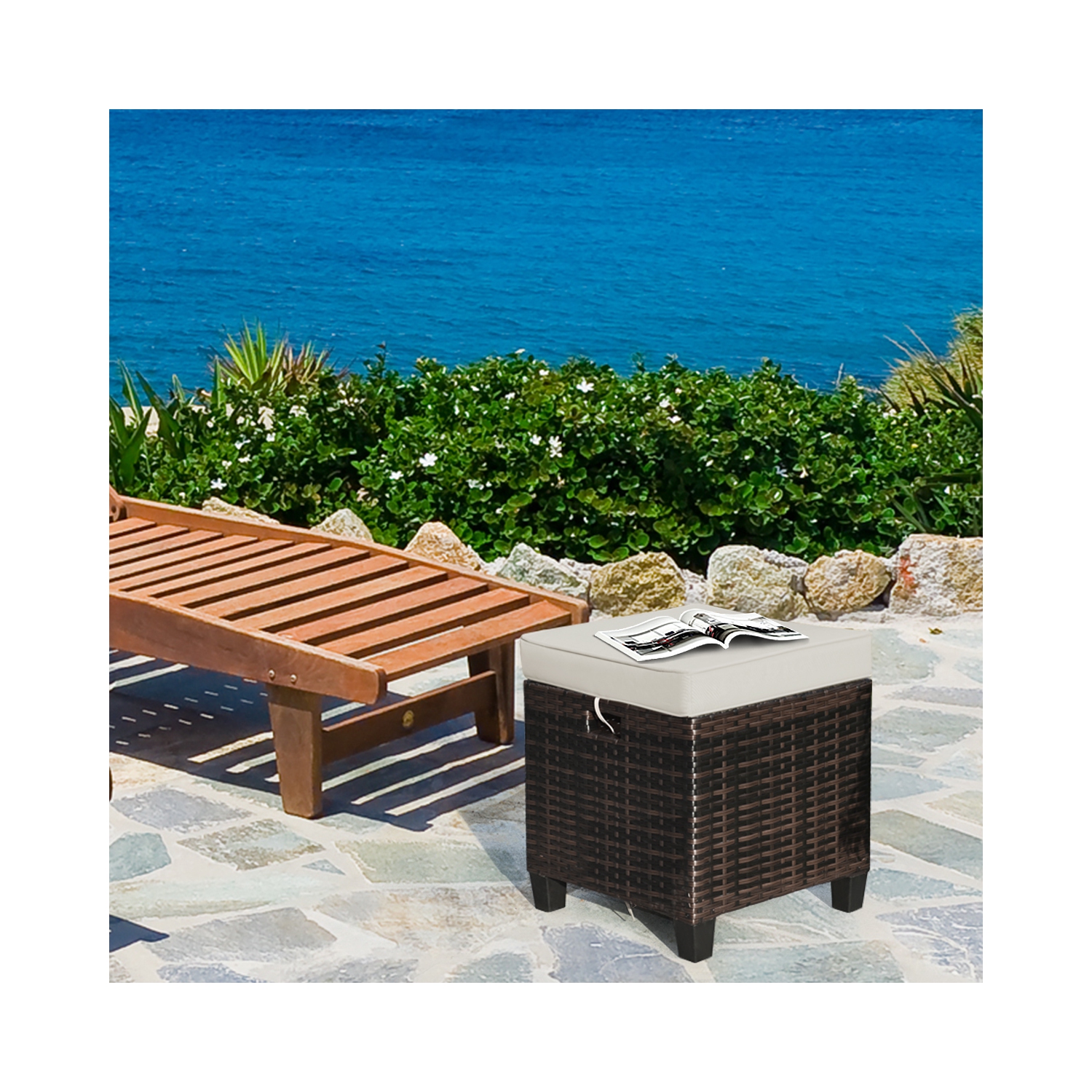 Lot de 2 repose-pieds en rotin Patio pouf extérieur avec coussin marque Gymax