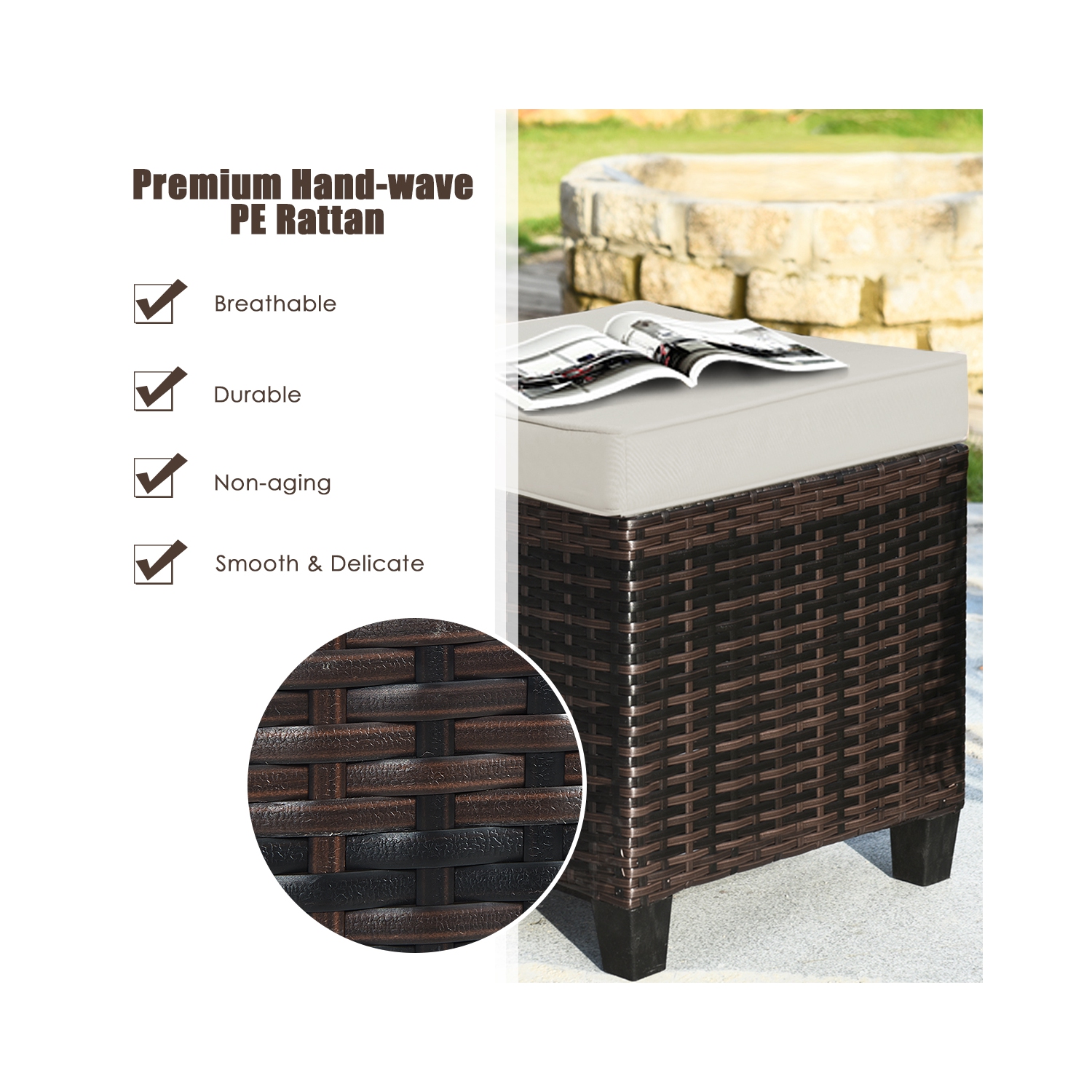 Lot de 2 repose-pieds en rotin Patio pouf extérieur avec coussin marque Gymax