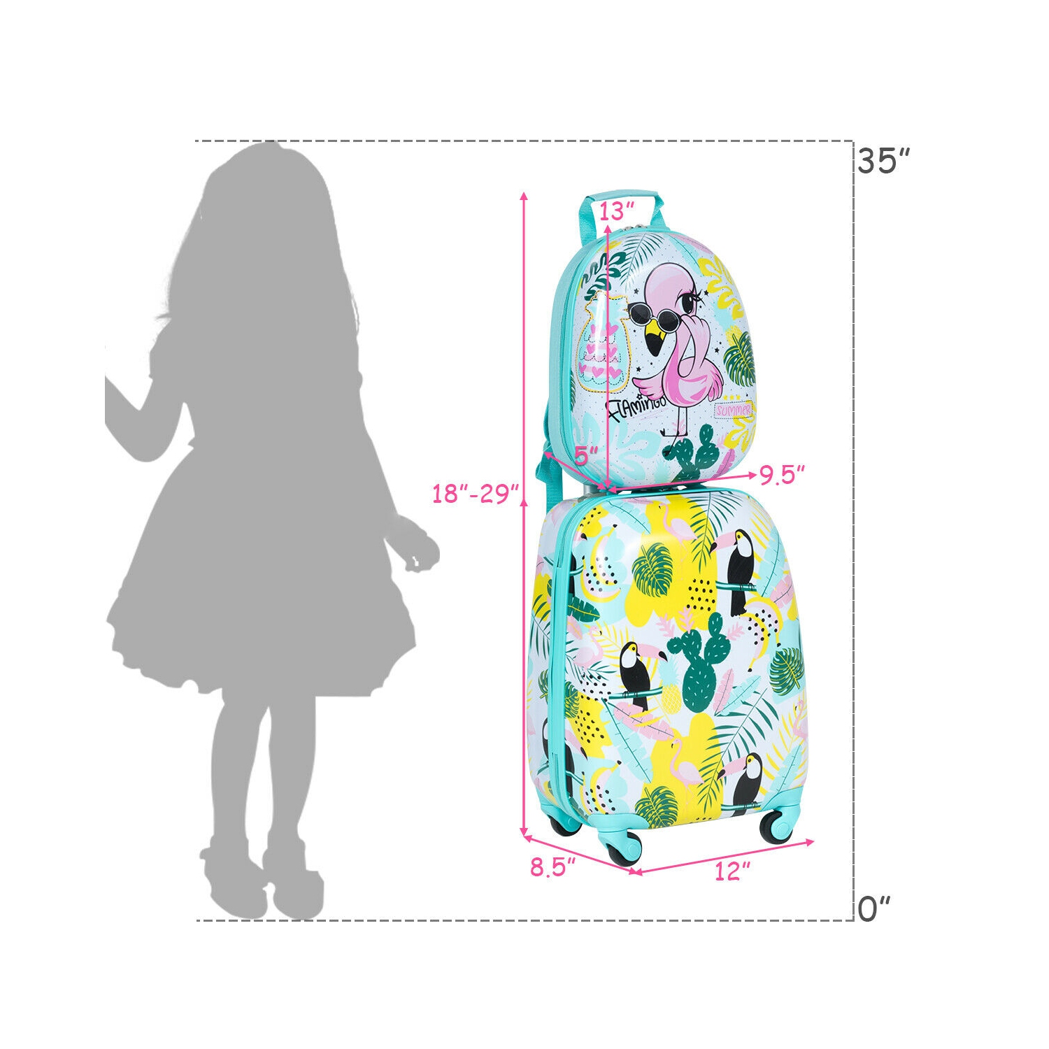 Gymax 2PC Kids Luggage Set Backpack & Rolling Suitcase Travel ABS Flamingos