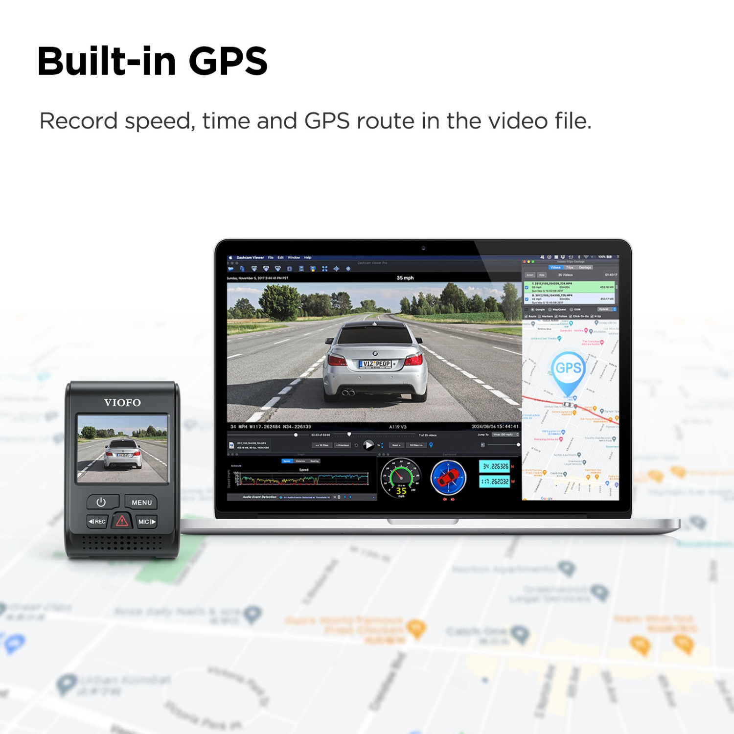 Caméra de tableau de bord 2,5 K V3 A119 de VIOFO 2560 x 1600P Quad HD+ avec enregistreur numérique pour l’auto et enregistreur GPS