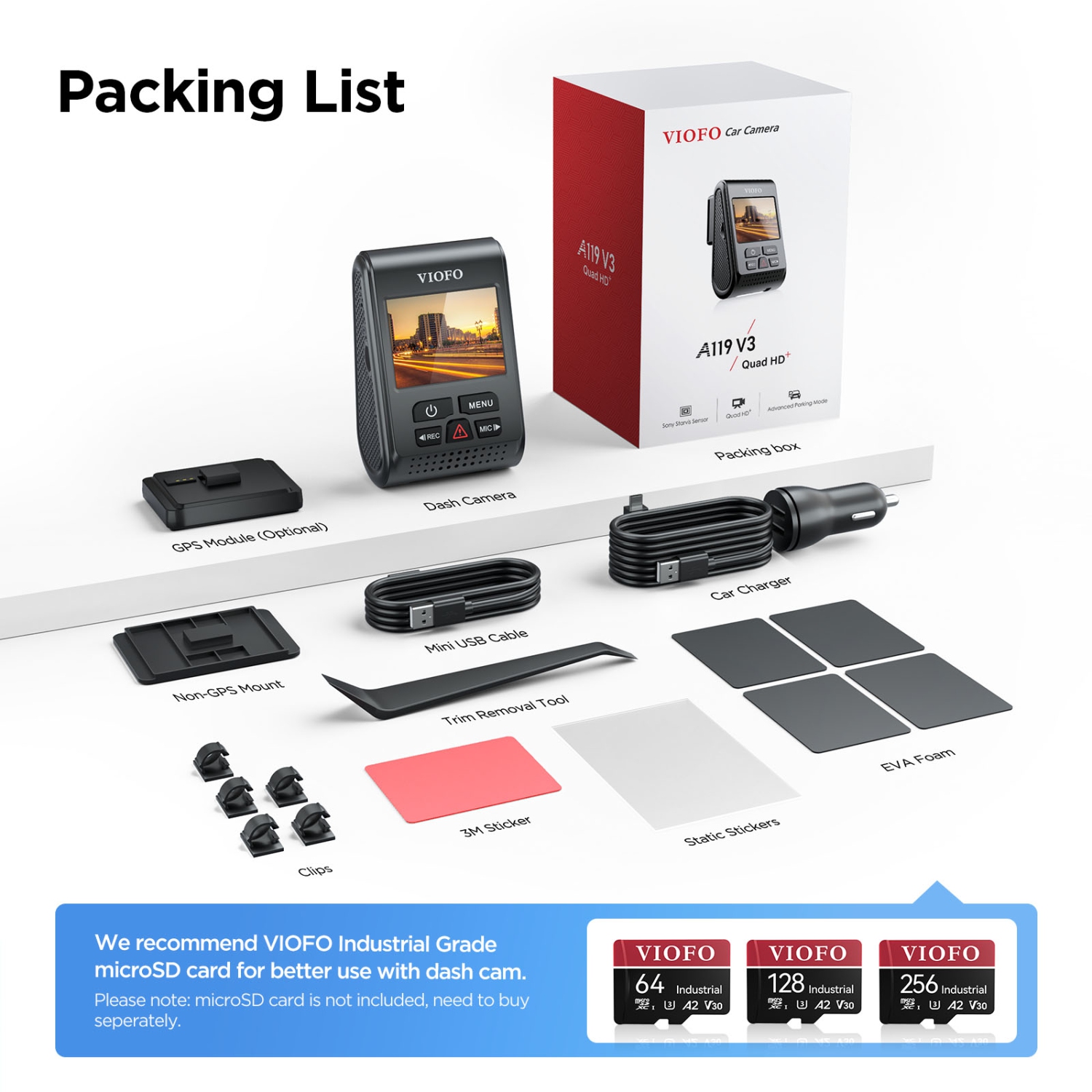 Caméra de tableau de bord 2,5 K V3 A119 de VIOFO 2560 x 1600P Quad HD+ avec enregistreur numérique pour l’auto et enregistreur GPS