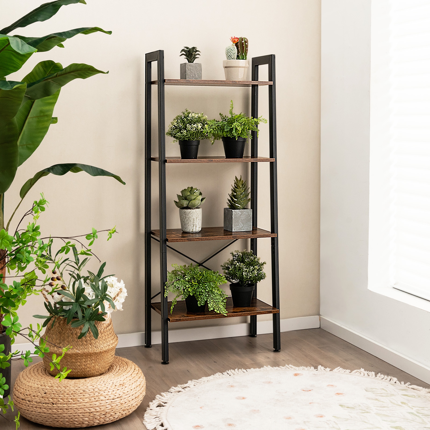 Costway 4-Tier Bookshelf Industrial Display Storage Shelf Plant Flower Stand Metal Frame