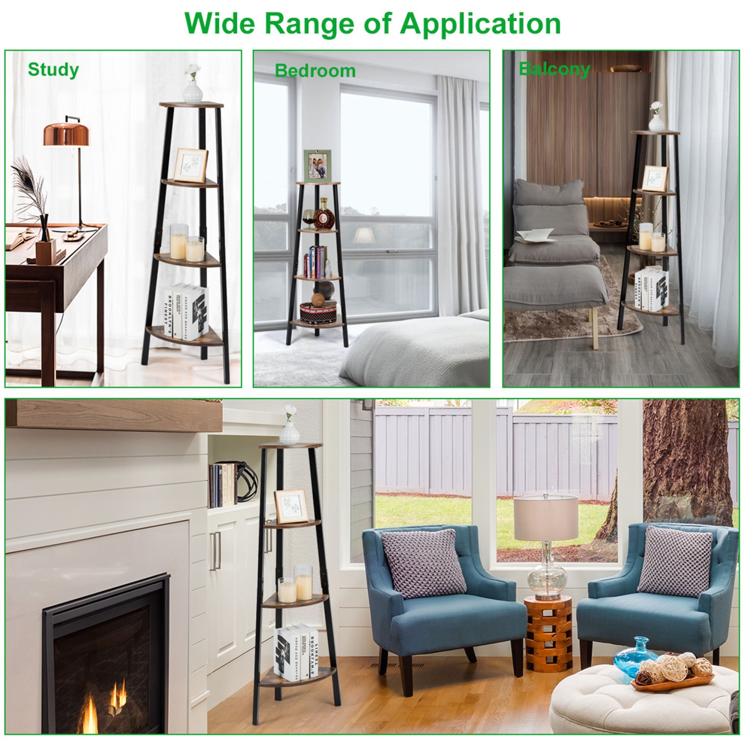 COSTWAY 4-Tier Corner Shelf Metal Storage Rack Bookcase Plant Display Stand Natural