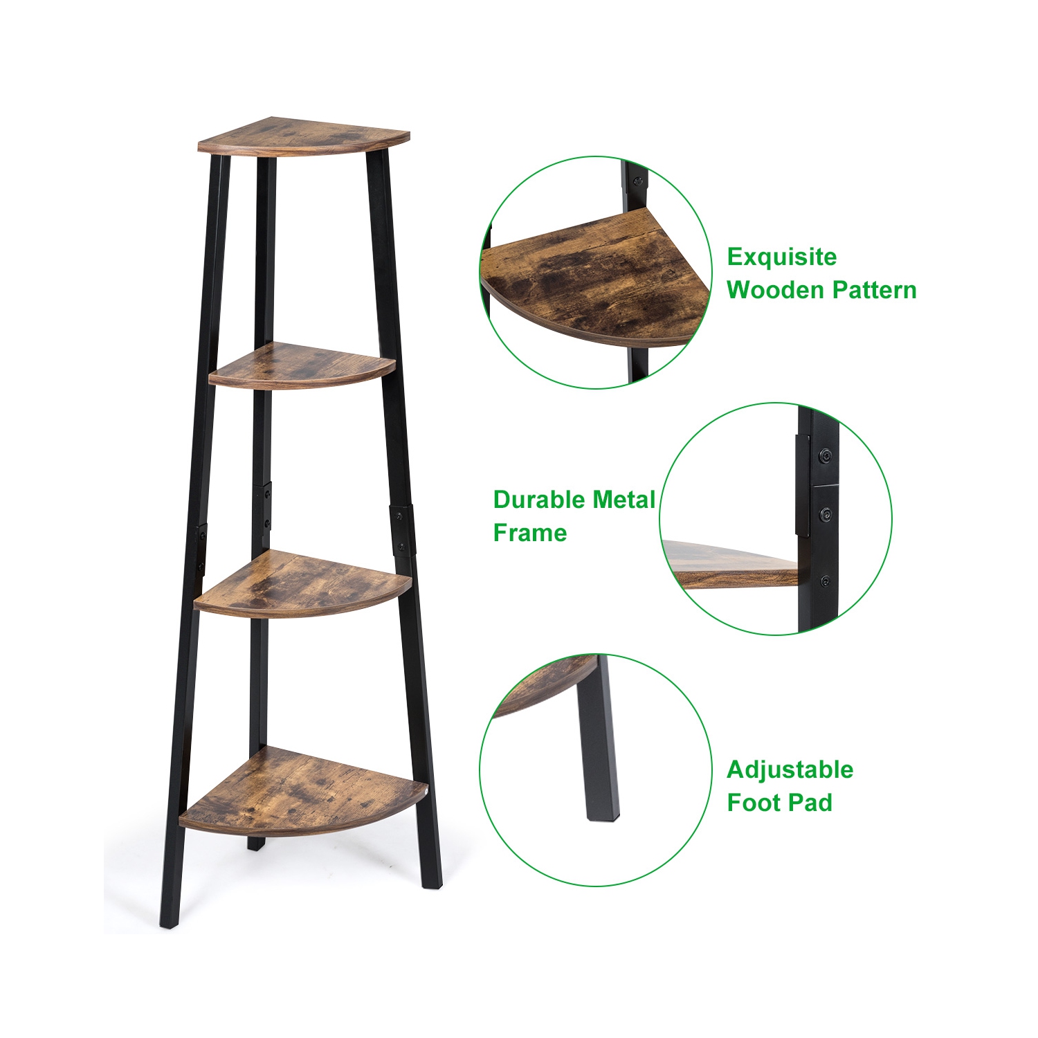 COSTWAY 4-Tier Corner Shelf Metal Storage Rack Bookcase Plant Display Stand Natural