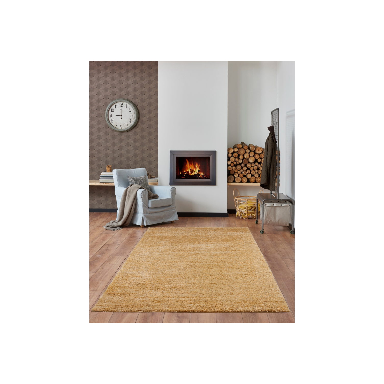 Ladole – Tapis intérieur turc durable Shaggy Meknes, couleur unie, jaune, 8 x 11