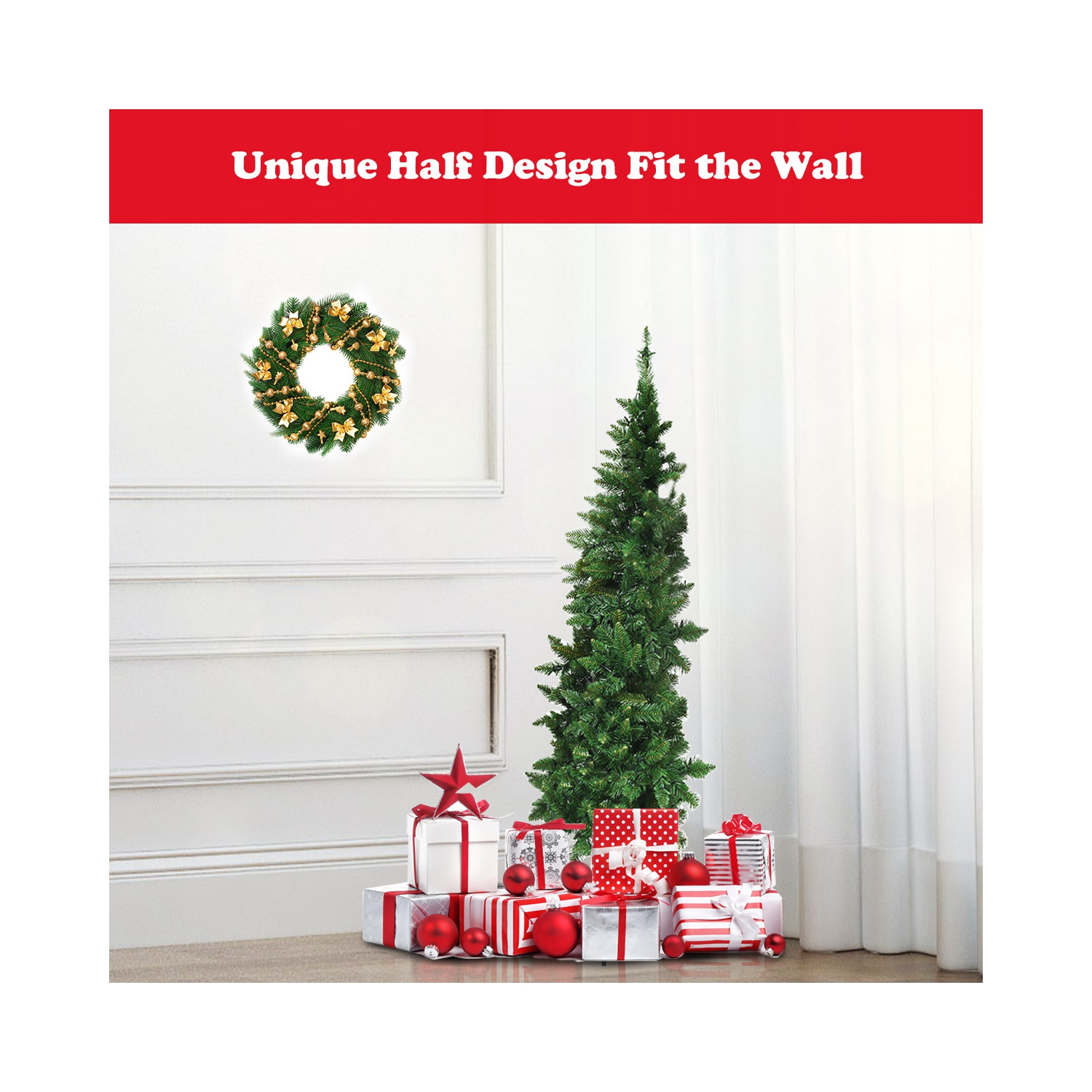 Costway 5ft Pre-lit PVC Artificial Half Christmas Tree 8 Flash Modes w/ 250 LED Lights