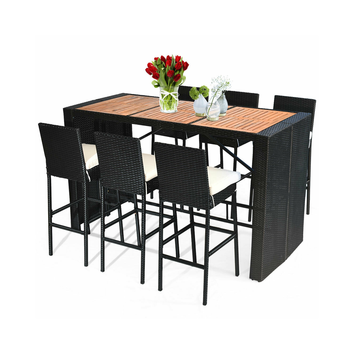 7PCS Patio Rotin Osier Bar Meubles de salle à manger Set bois Table hautes 6 tabourets Costway