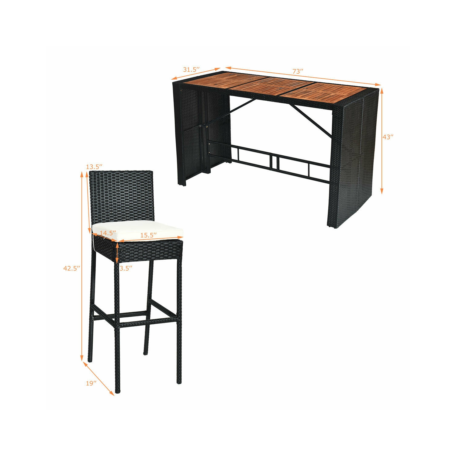 7PCS Patio Rotin Osier Bar Meubles de salle à manger Set bois Table hautes 6 tabourets Costway