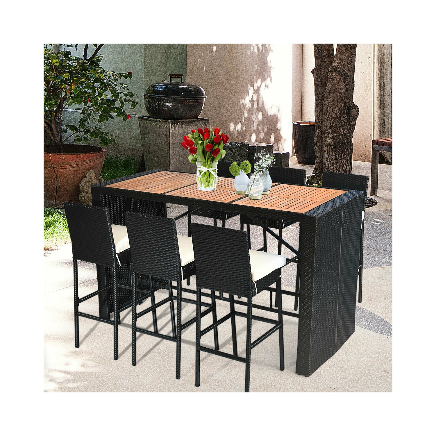7PCS Patio Rotin Osier Bar Meubles de salle à manger Set bois Table hautes 6 tabourets Costway