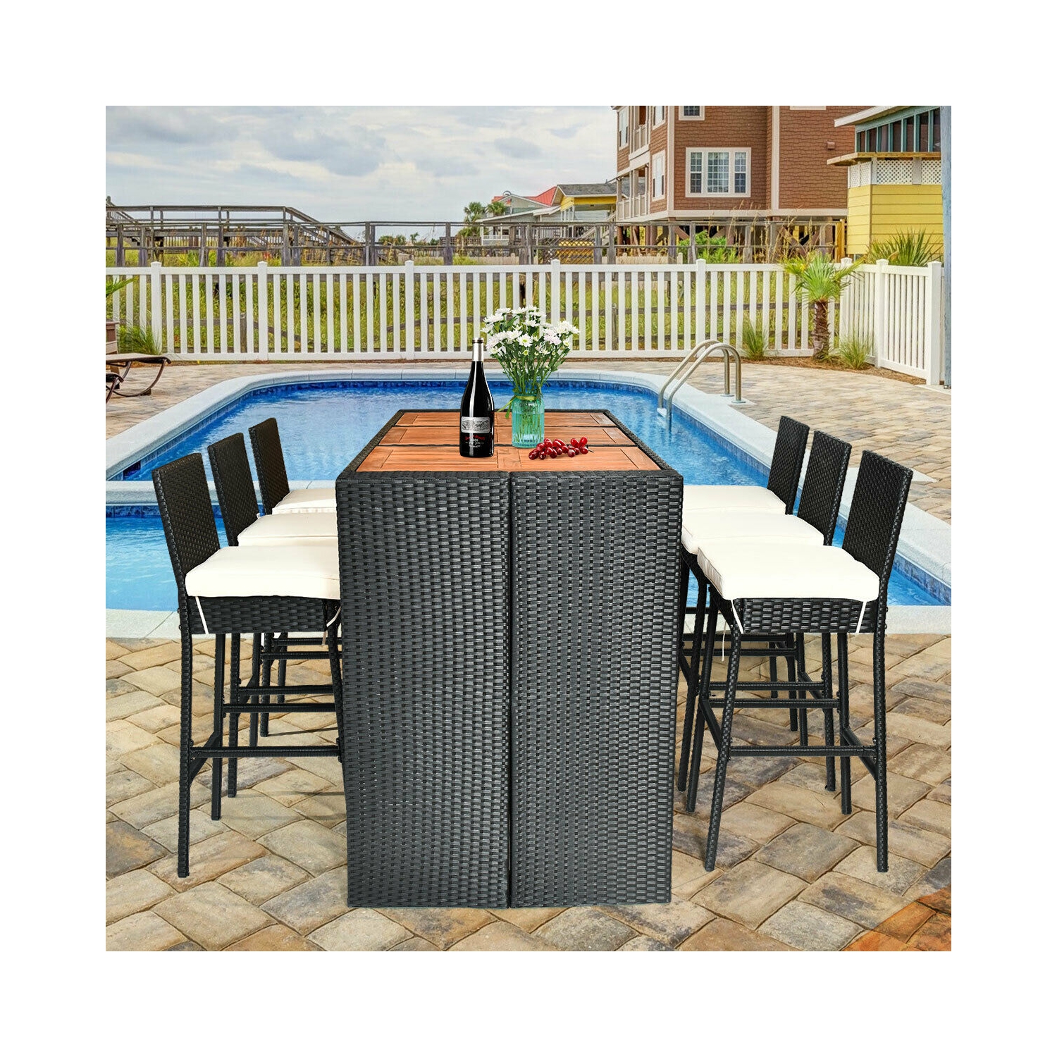 7PCS Patio Rotin Osier Bar Meubles de salle à manger Set bois Table hautes 6 tabourets Costway