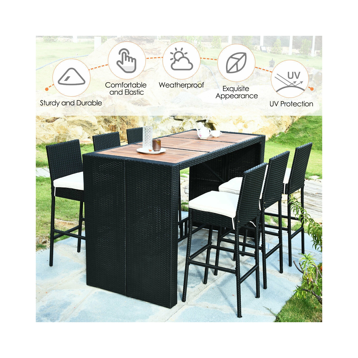 7PCS Patio Rotin Osier Bar Meubles de salle à manger Set bois Table hautes 6 tabourets Costway