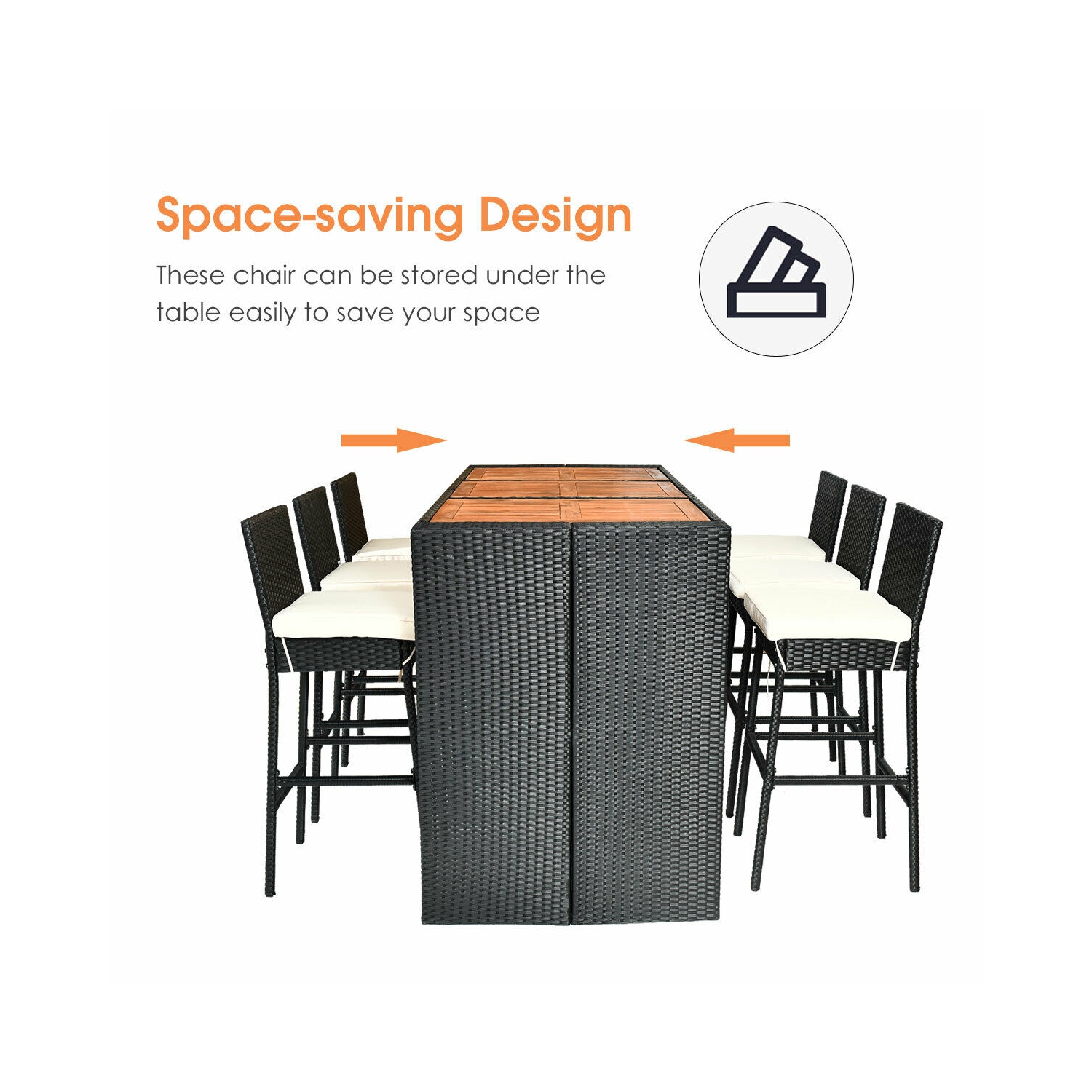 7PCS Patio Rotin Osier Bar Meubles de salle à manger Set bois Table hautes 6 tabourets Costway