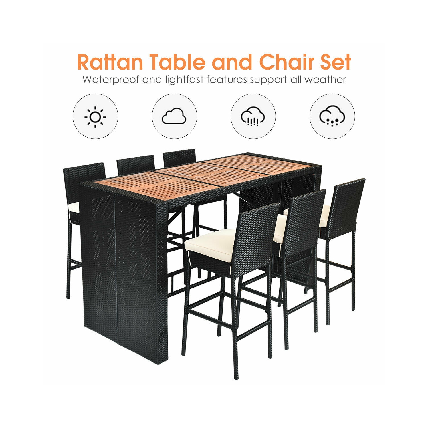 7PCS Patio Rotin Osier Bar Meubles de salle à manger Set bois Table hautes 6 tabourets Costway