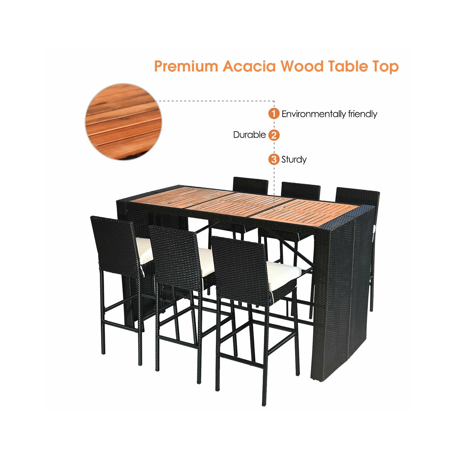 7PCS Patio Rotin Osier Bar Meubles de salle à manger Set bois Table hautes 6 tabourets Costway
