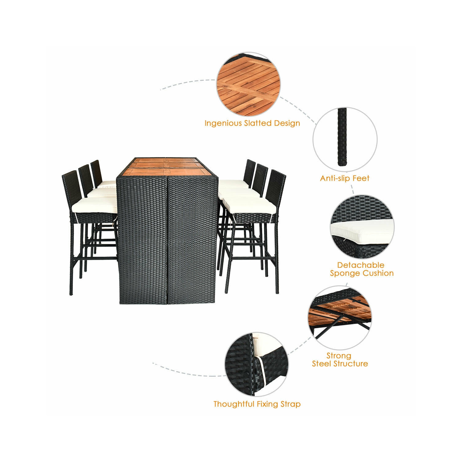 7PCS Patio Rotin Osier Bar Meubles de salle à manger Set bois Table hautes 6 tabourets Costway