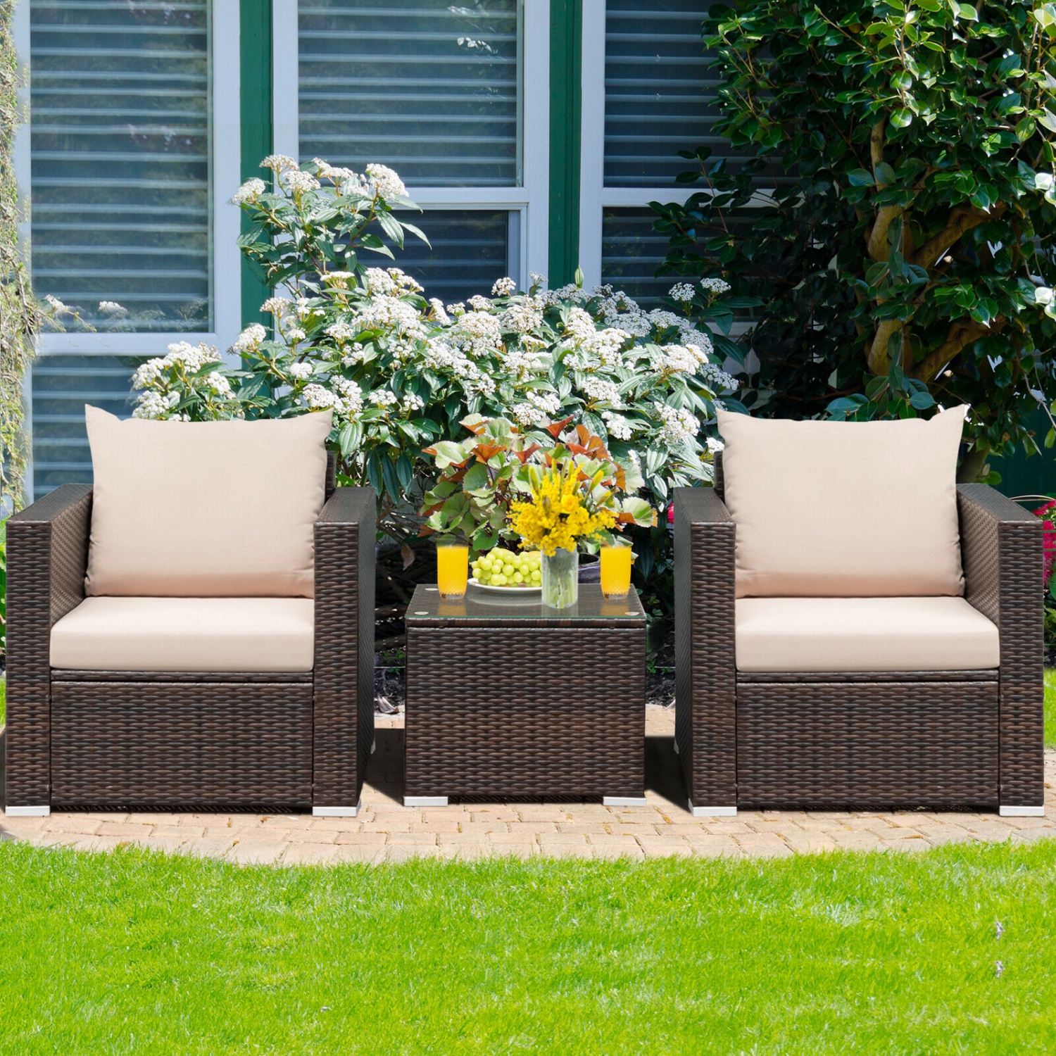 Costway Modern 3-Piece Patio Garden Conversation Set Rattan Cushioned Sofa Chair Table