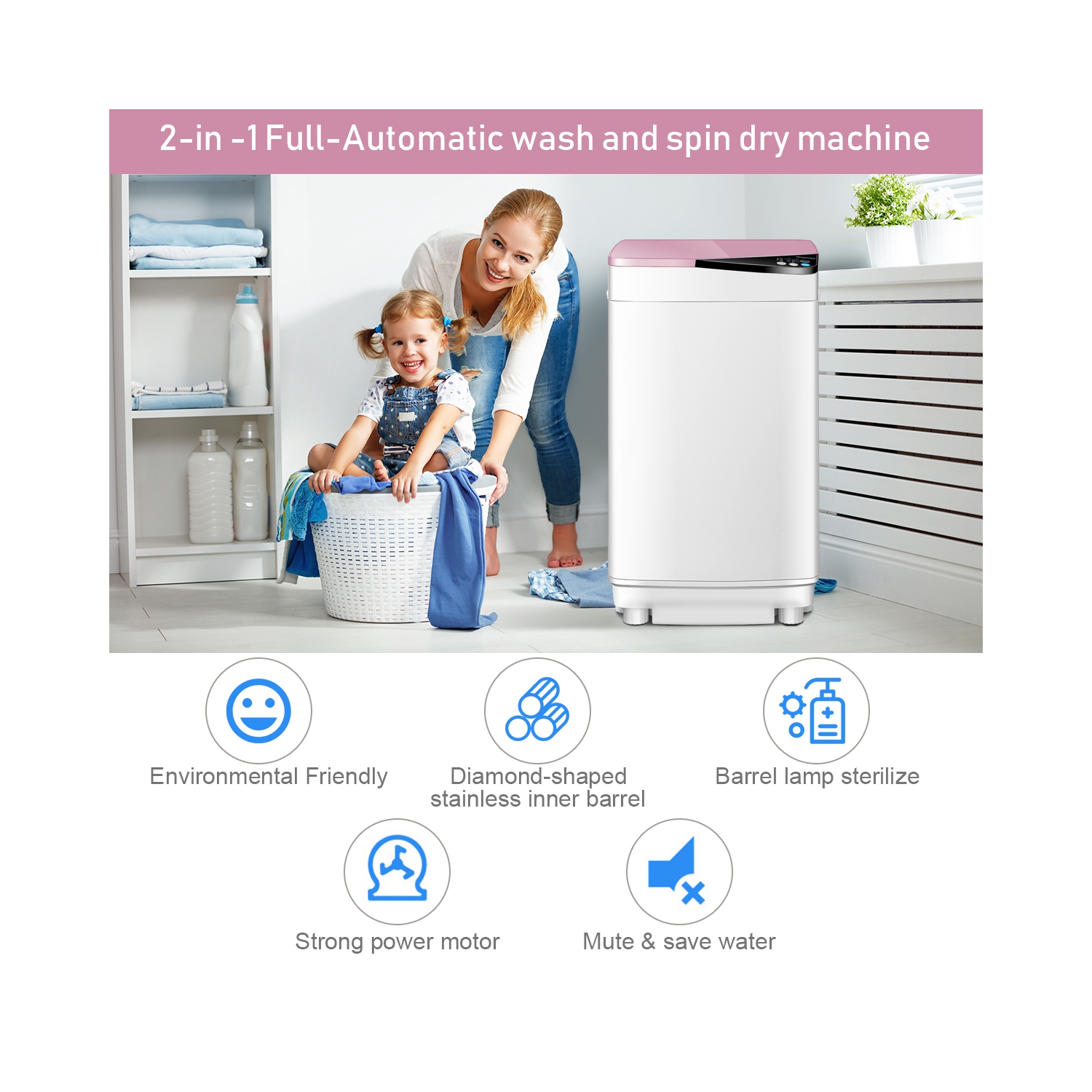 Costway Full-Automatic Portable Washing Machine 7.7lbs Washer with Germicidal UV-Light Spinner