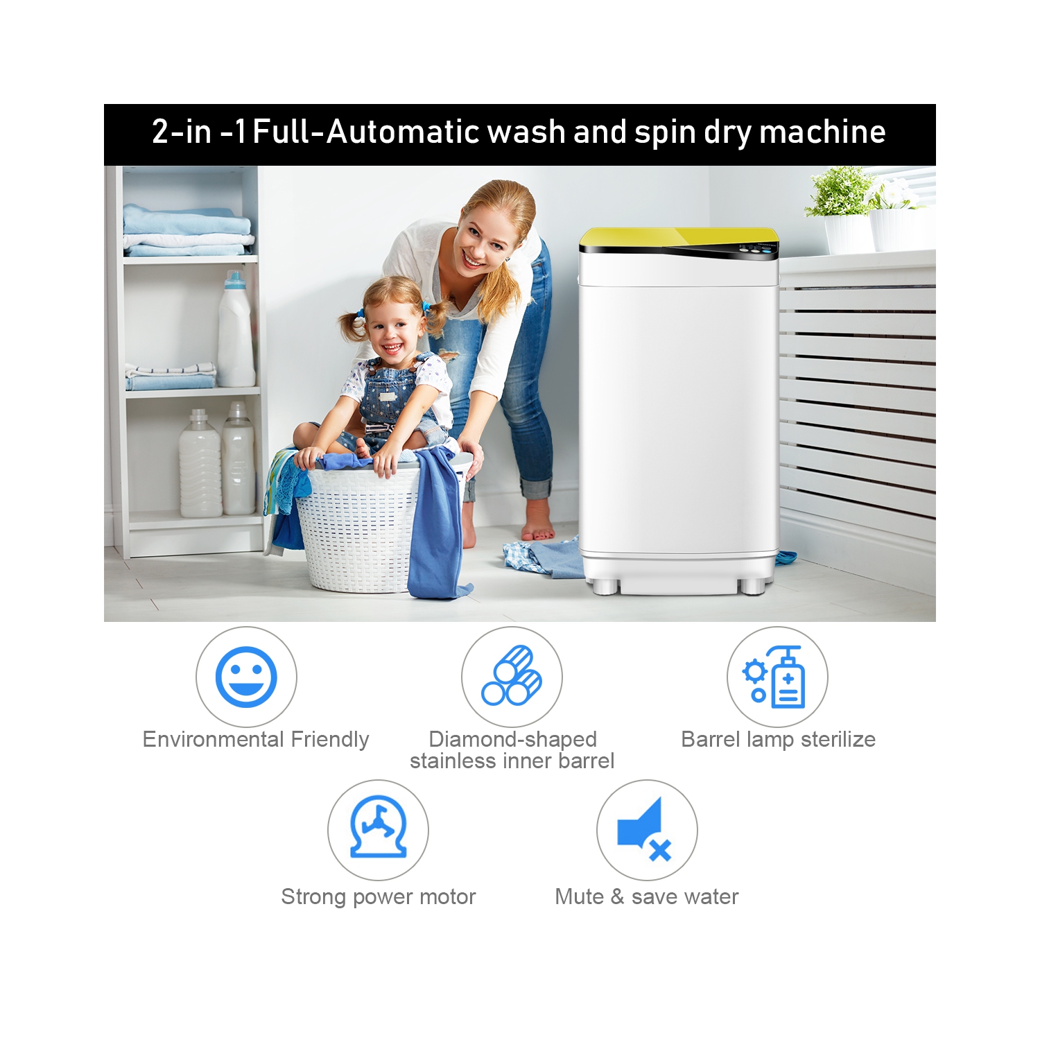 Costway Full-Automatic Portable Washing Machine 7.7lbs Washer with Germicidal UV-Light Spinner - Yellow