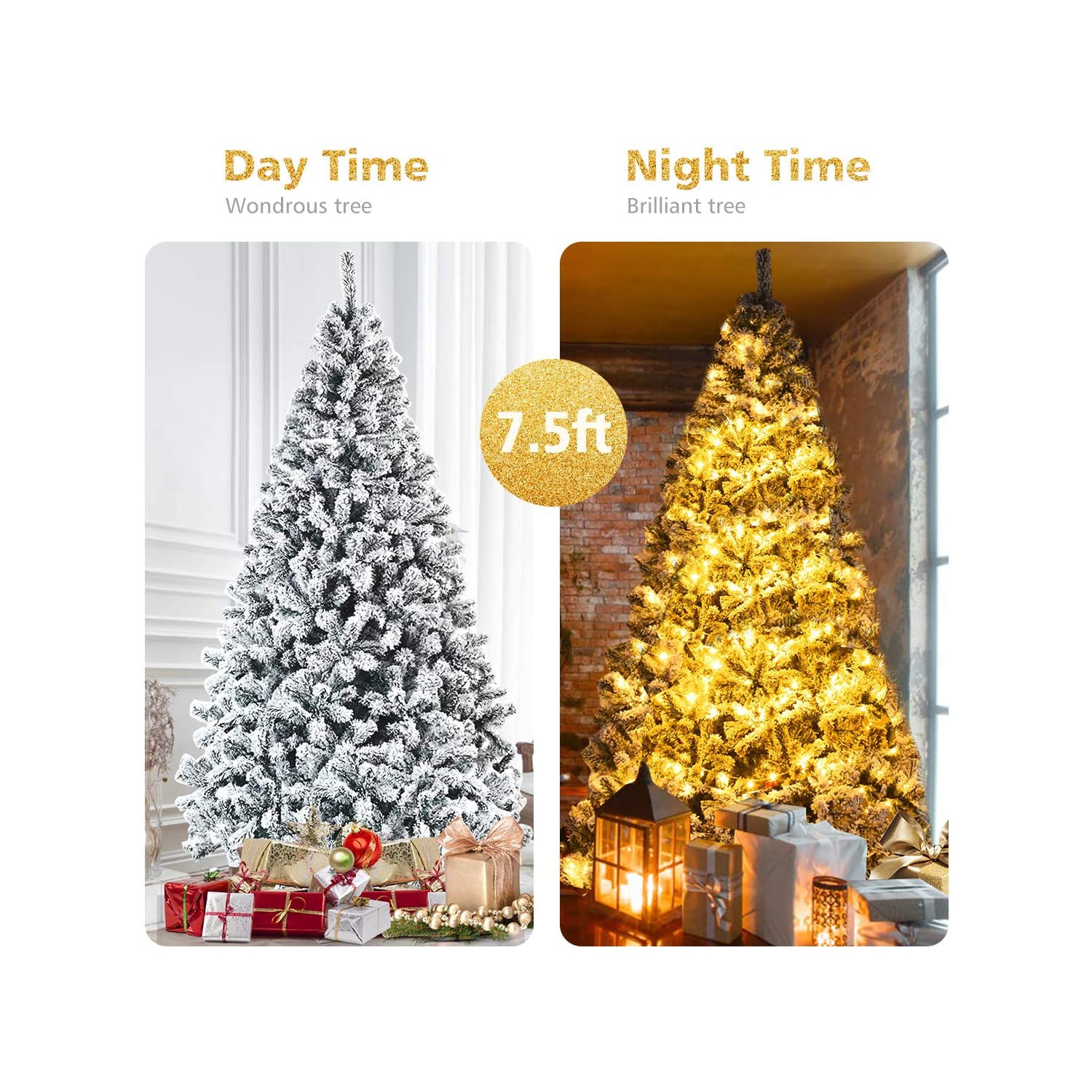 Gymax 6ft/7.5ft/9ft Snow Flocked Hinged Artificial Christmas Tree Unlit Decor