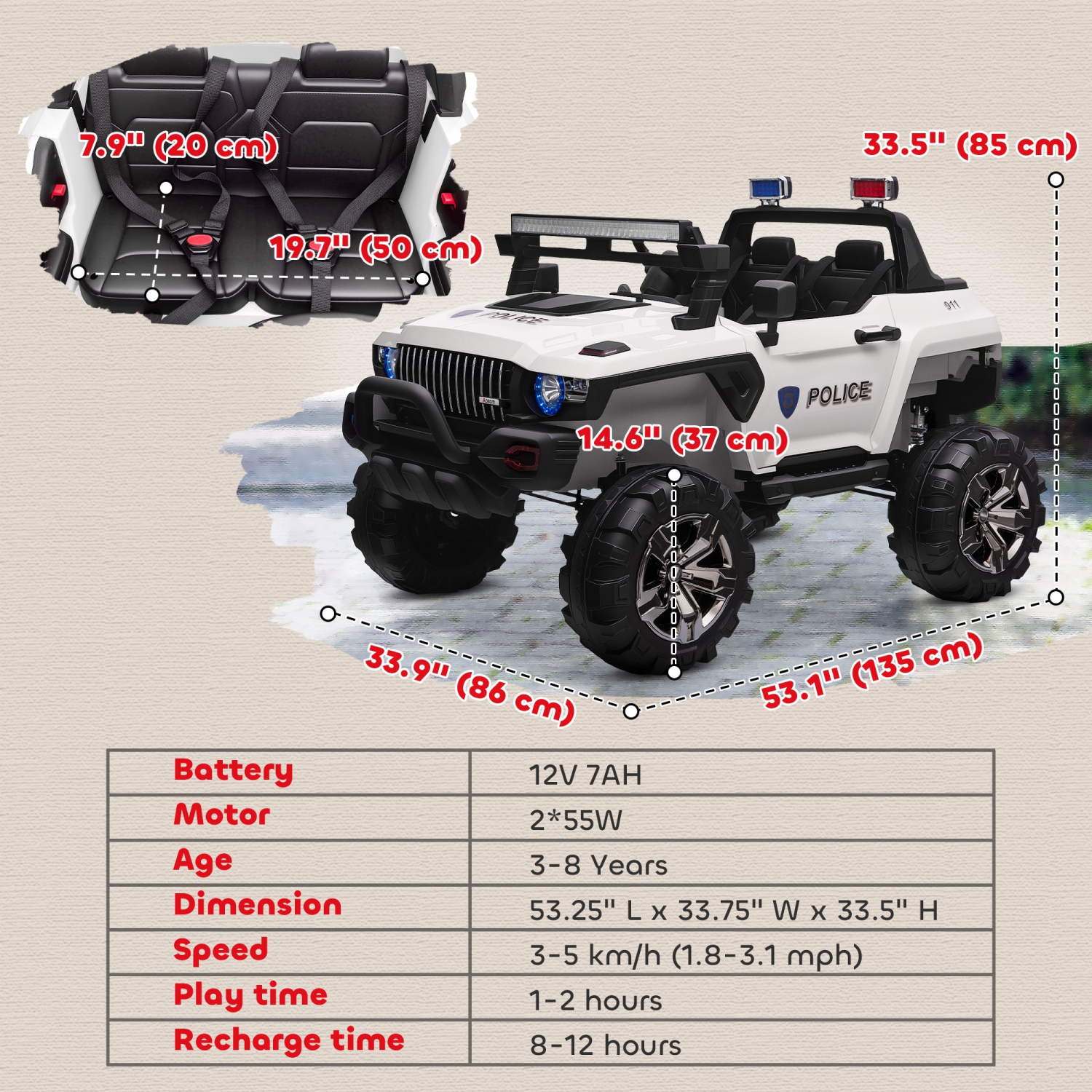 Aosom 2-Seater Kids Ride On Police Car, 12V 7AH Ride on Truck, Electric Car for Toddlers with Remote Control, LED Lights, Big Wheels, 4 Shock