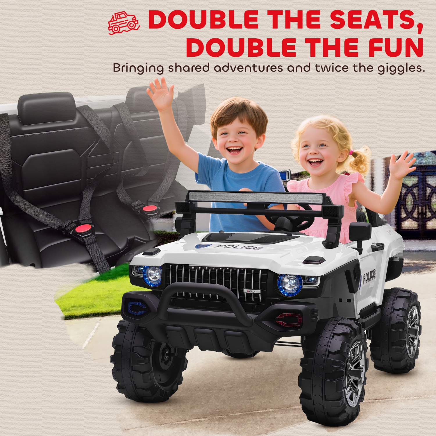 Aosom 2-Seater Kids Ride On Police Car, 12V 7AH Ride on Truck, Electric Car for Toddlers with Remote Control, LED Lights, Big Wheels, 4 Shock