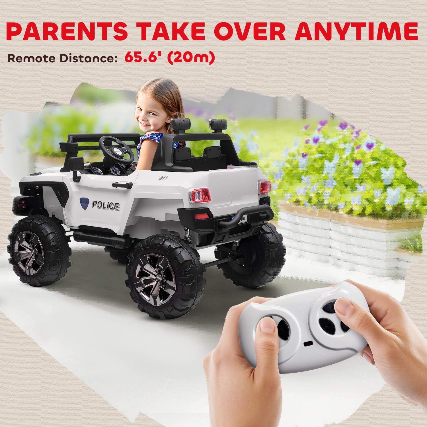 Aosom 2-Seater Kids Ride On Police Car, 12V 7AH Ride on Truck, Electric Car for Toddlers with Remote Control, LED Lights, Big Wheels, 4 Shock