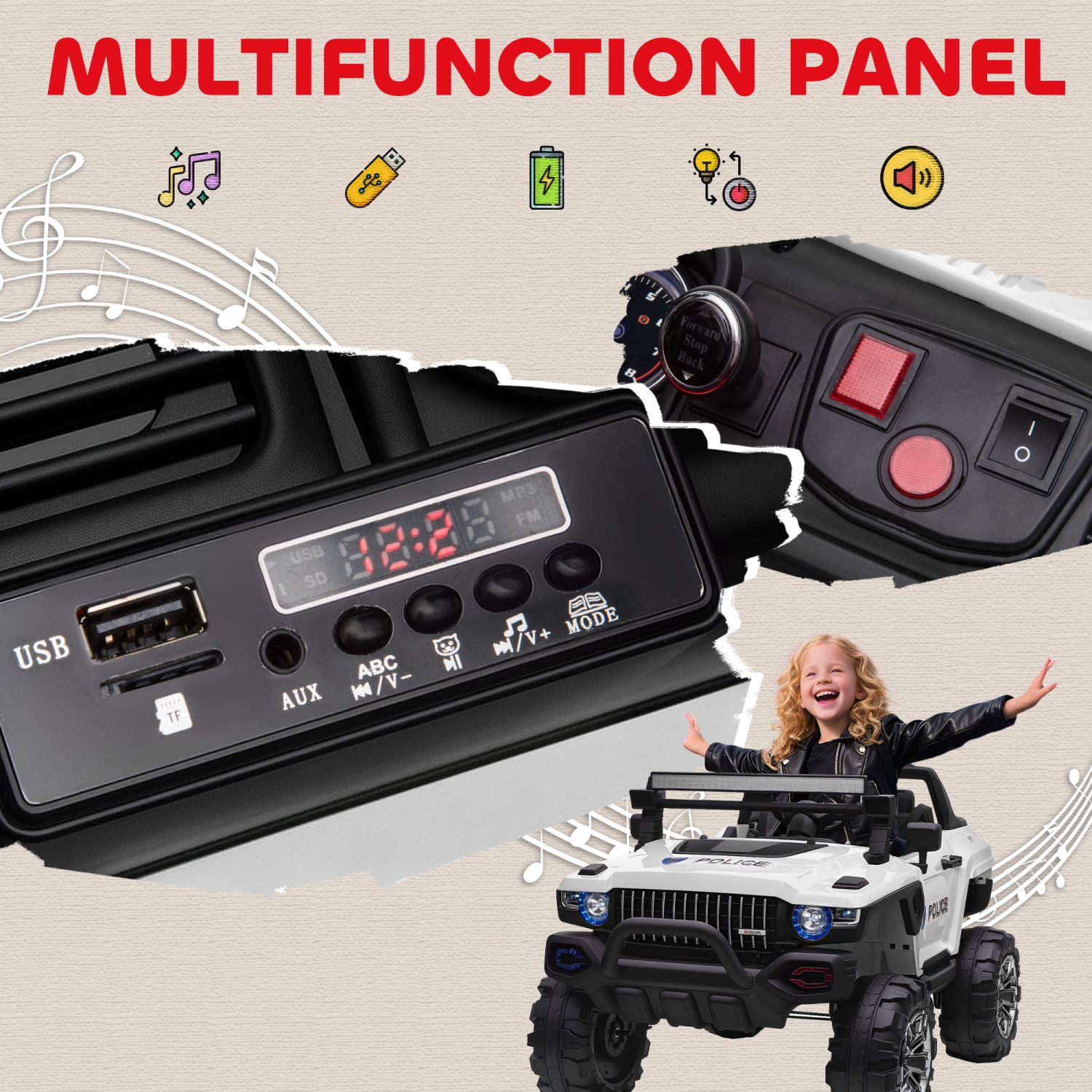 Aosom 2-Seater Kids Ride On Police Car, 12V 7AH Ride on Truck, Electric Car for Toddlers with Remote Control, LED Lights, Big Wheels, 4 Shock