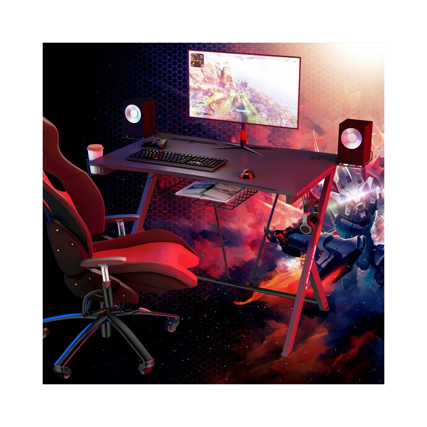 Gymax Gaming Desk Computer Desk PC Table Workstation with Headphone Hook & Cup Holder