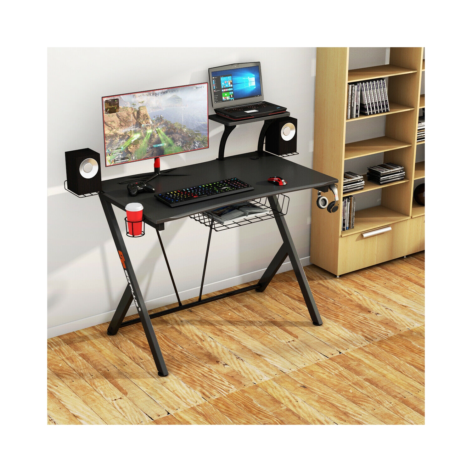 Gymax Gaming Desk Computer Desk PC Table Workstation with Headphone Hook & Cup Holder