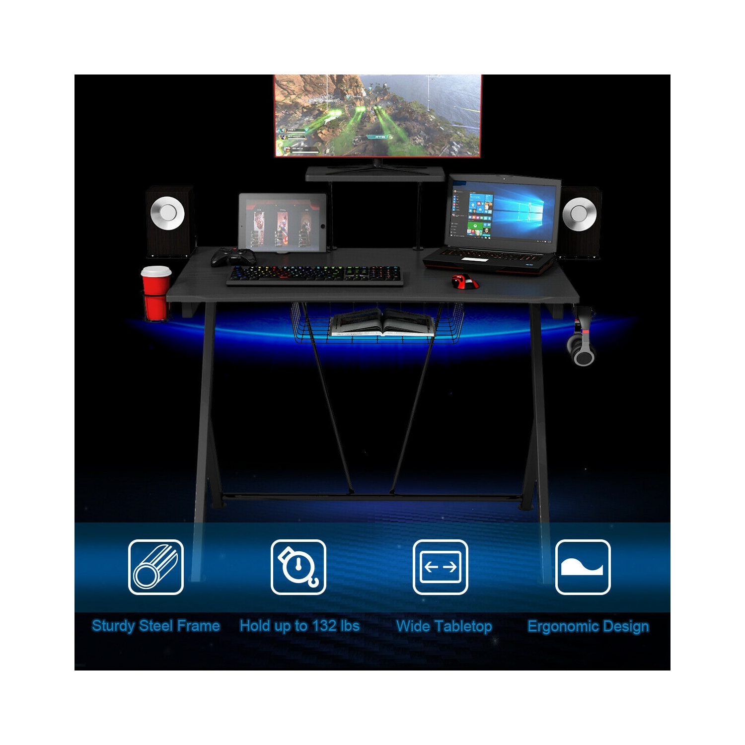 Gymax Gaming Desk Computer Desk PC Table Workstation with Headphone Hook & Cup Holder