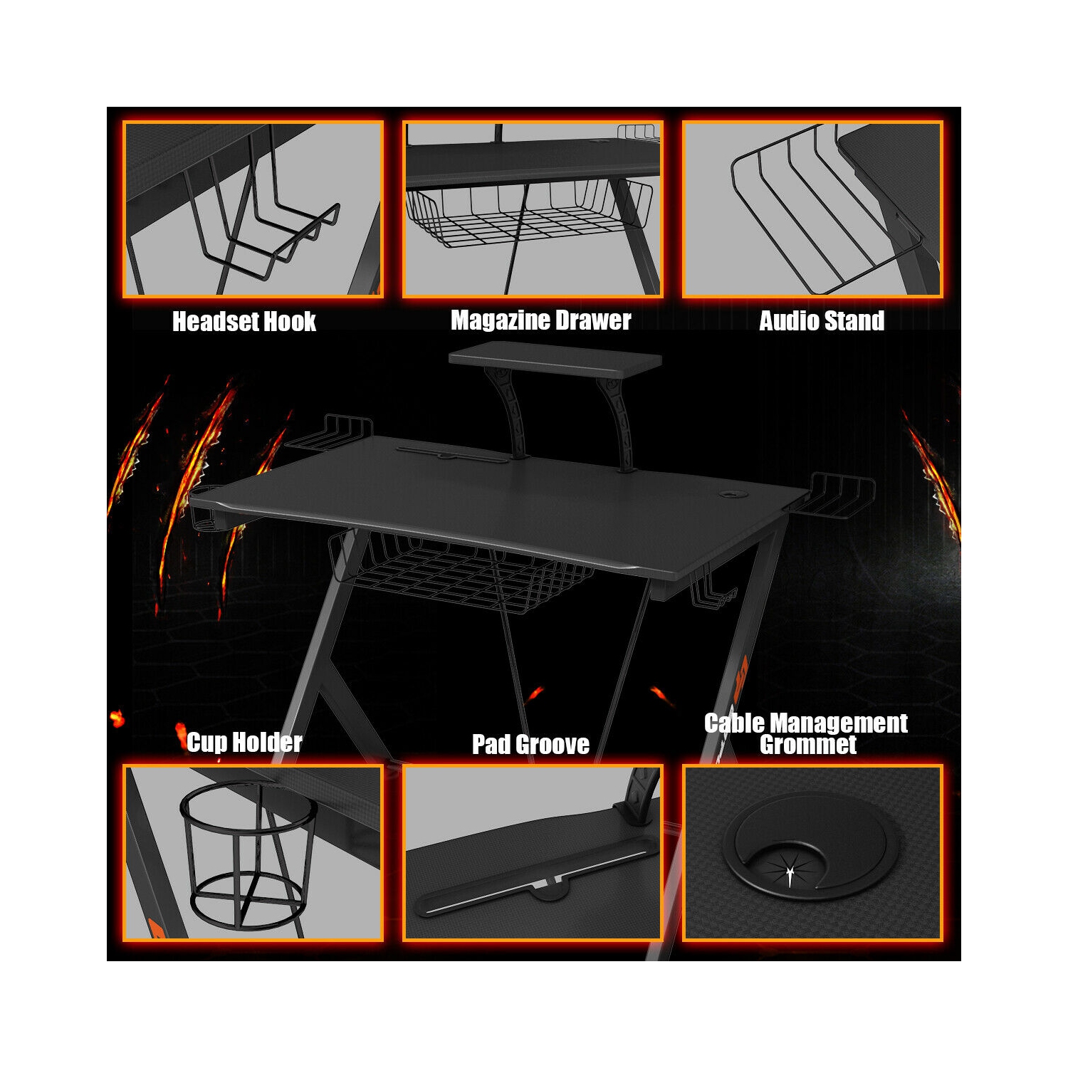 Gymax Gaming Desk Computer Desk PC Table Workstation with Headphone Hook & Cup Holder
