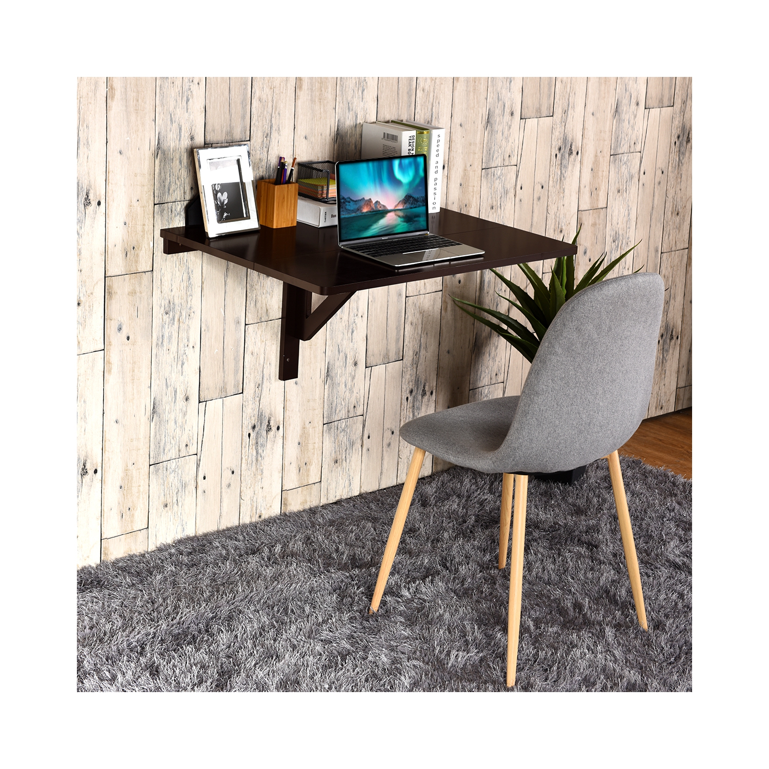 Gymax Wall-Mounted Drop-Leaf Table Folding Kitchen Dining Table Desk Space Saver