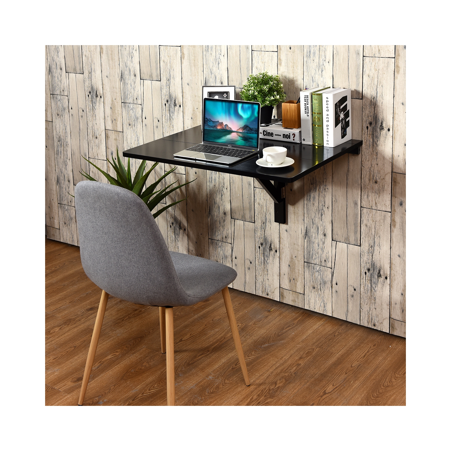 Gymax Wall-Mounted Drop-Leaf Table Floating Folding Desk Space Saver Black