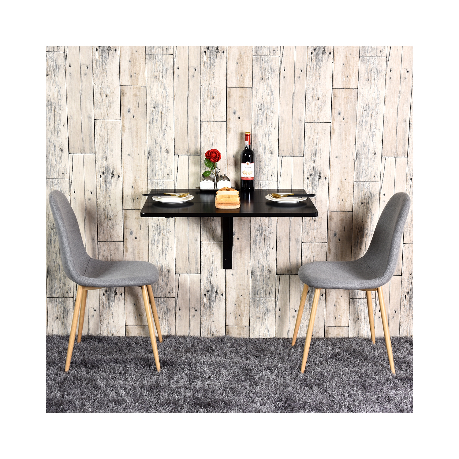 Gymax Wall-Mounted Drop-Leaf Table Floating Folding Desk Space Saver Black