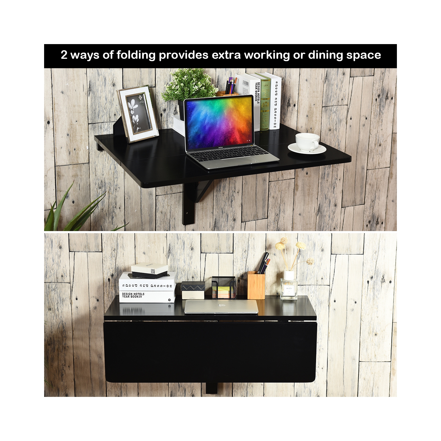 Gymax Wall-Mounted Drop-Leaf Table Floating Folding Desk Space Saver Black