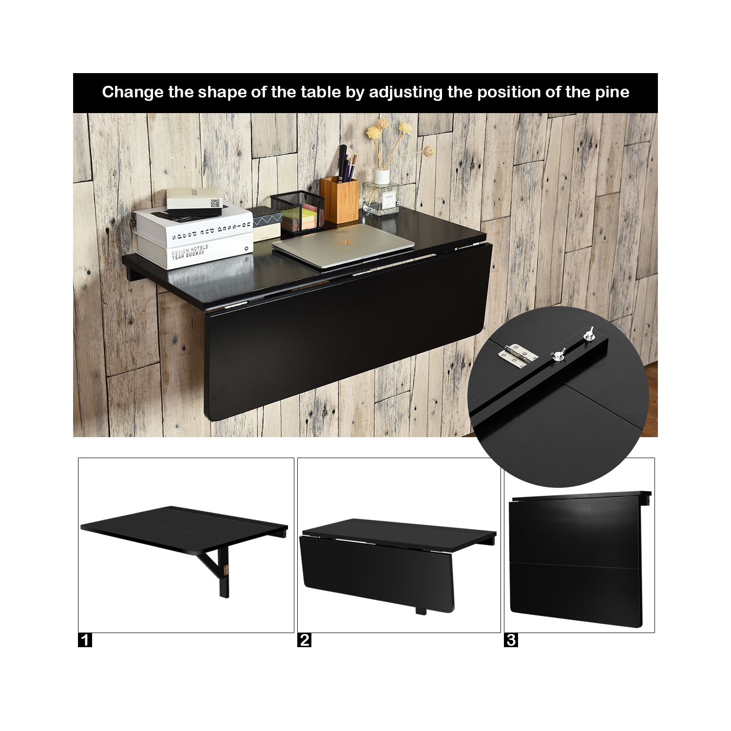 Gymax Wall-Mounted Drop-Leaf Table Floating Folding Desk Space Saver Black