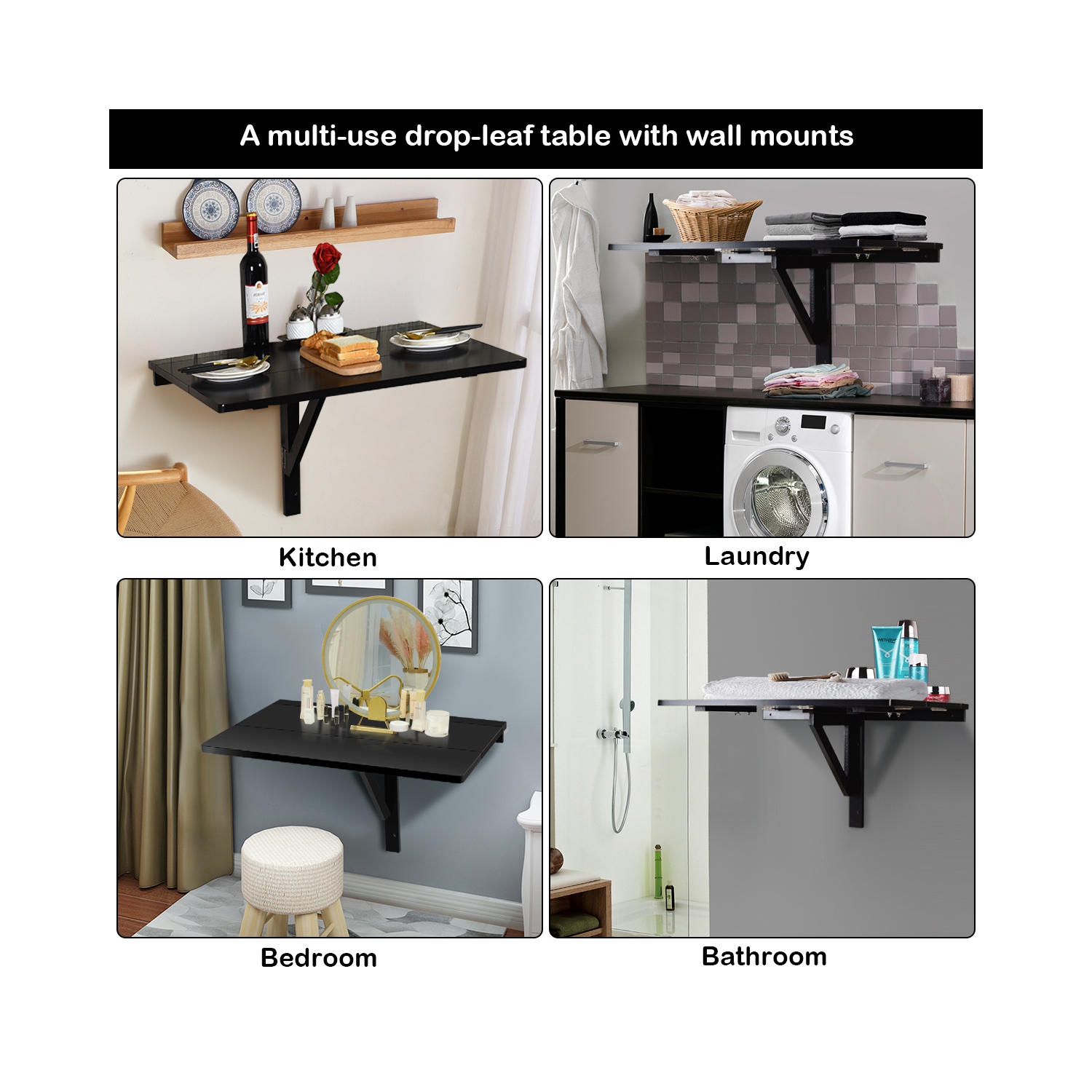 Gymax Wall-Mounted Drop-Leaf Table Floating Folding Desk Space Saver Black