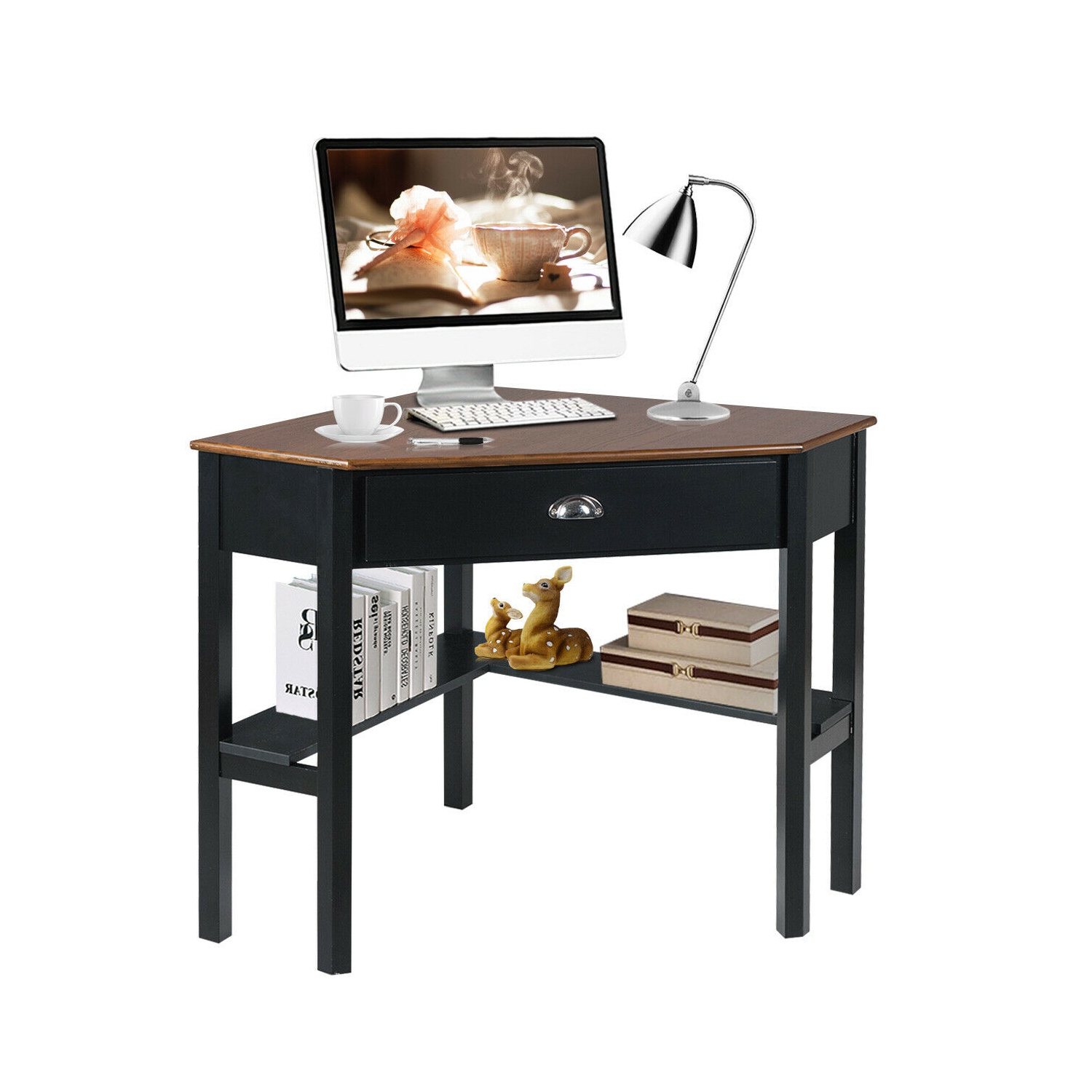 Gymax Corner Computer Desk Laptop Writing Table Workstation W/ Drawer & Shelves Brown