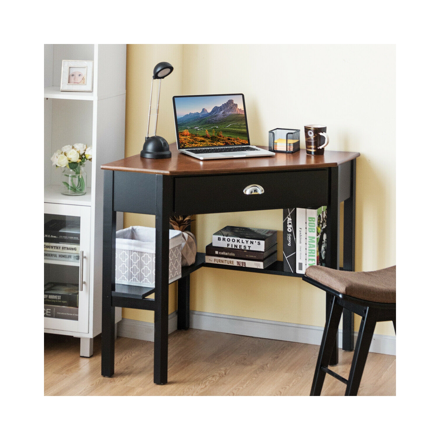 Gymax Corner Computer Desk Laptop Writing Table Workstation W/ Drawer & Shelves Brown