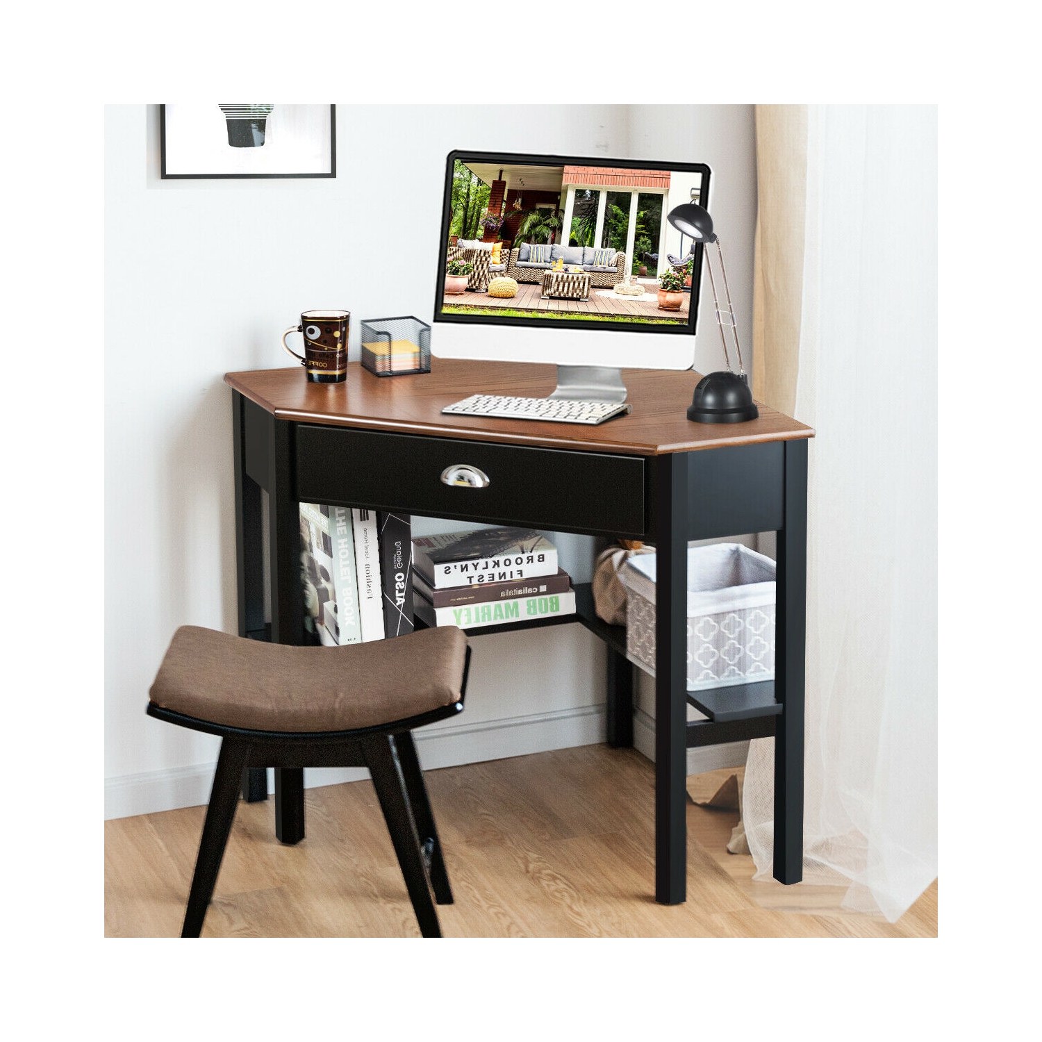 Gymax Corner Computer Desk Laptop Writing Table Workstation W/ Drawer & Shelves Brown
