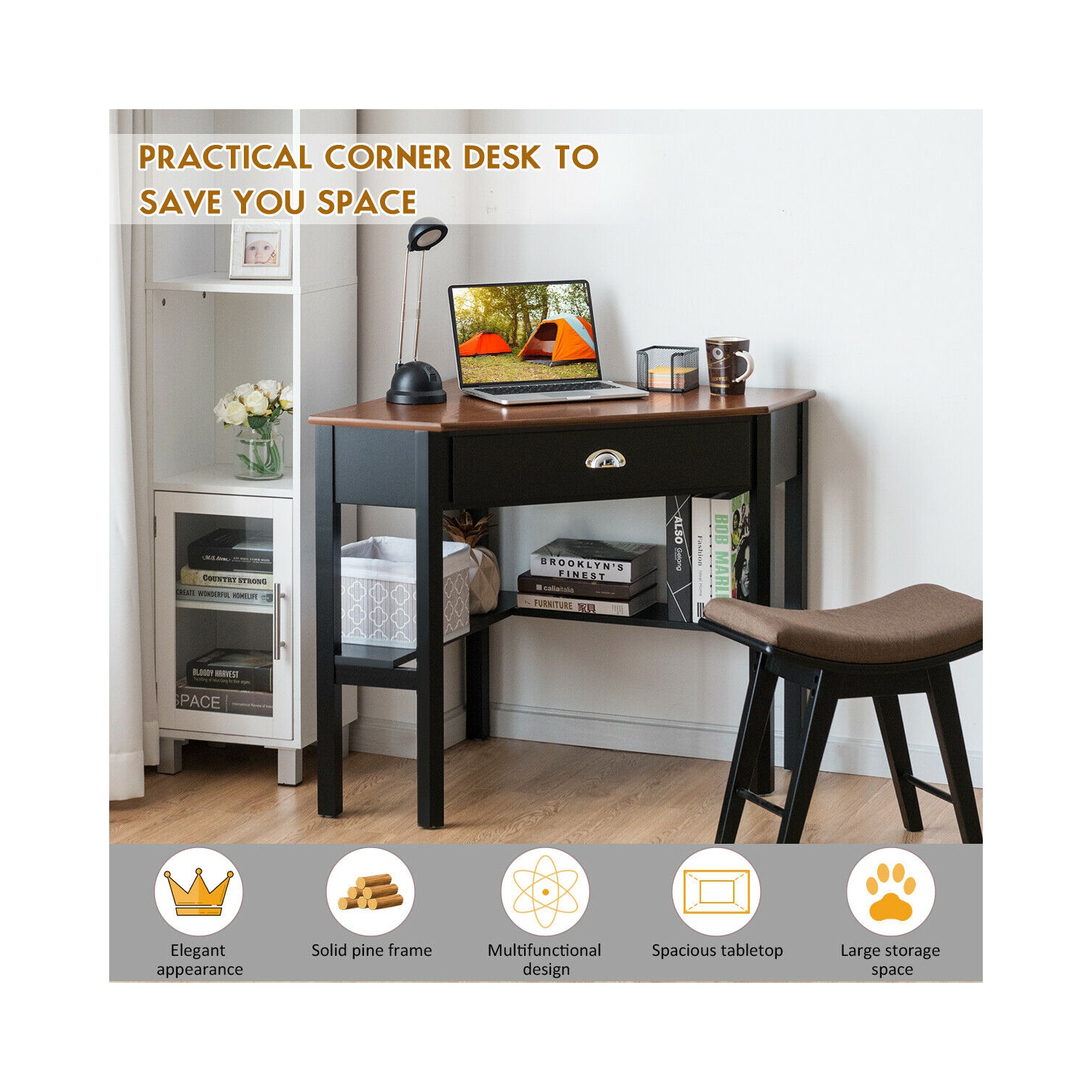 Gymax Corner Computer Desk Laptop Writing Table Workstation W/ Drawer & Shelves Brown