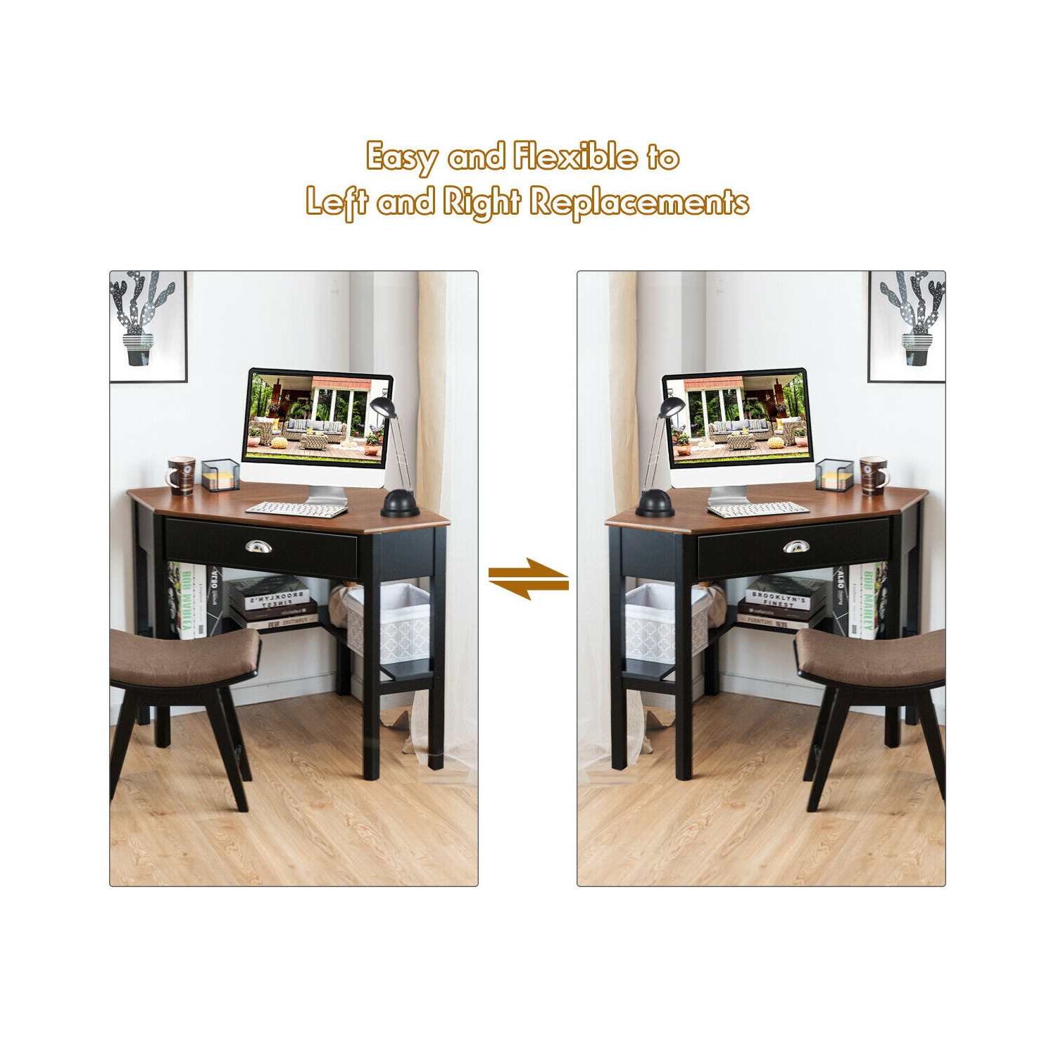 Gymax Corner Computer Desk Laptop Writing Table Workstation W/ Drawer & Shelves Brown