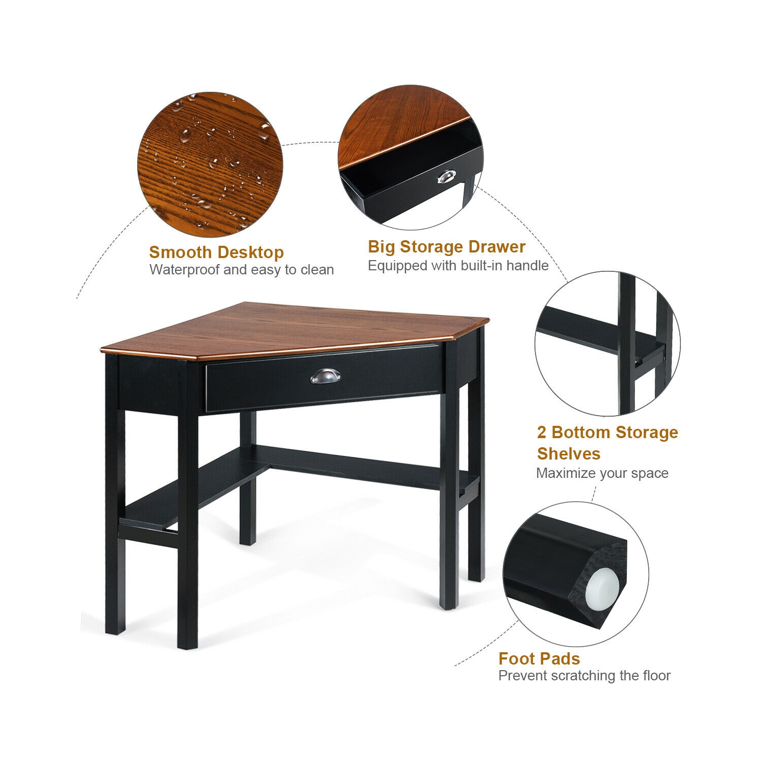 Gymax Corner Computer Desk Laptop Writing Table Workstation W/ Drawer & Shelves Brown