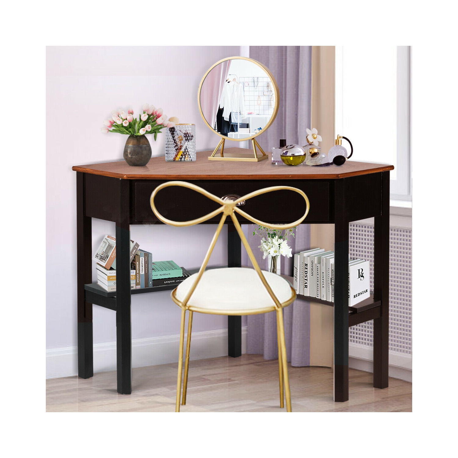 Gymax Corner Computer Desk Laptop Writing Table Workstation W/ Drawer & Shelves Brown