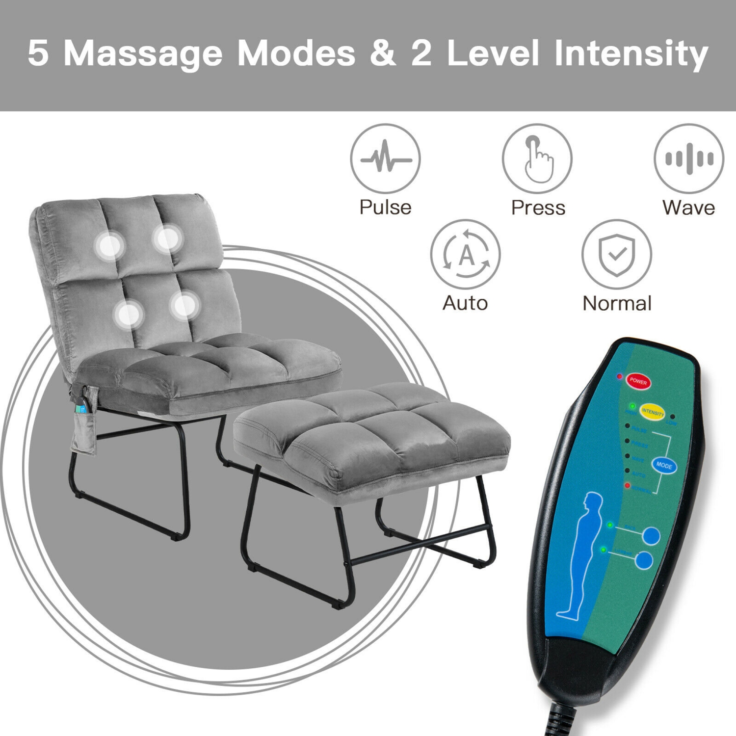 Gymax Electric Massage Chair Vibrating Velvet Sofa w/Ottoman and Remote Control Gray